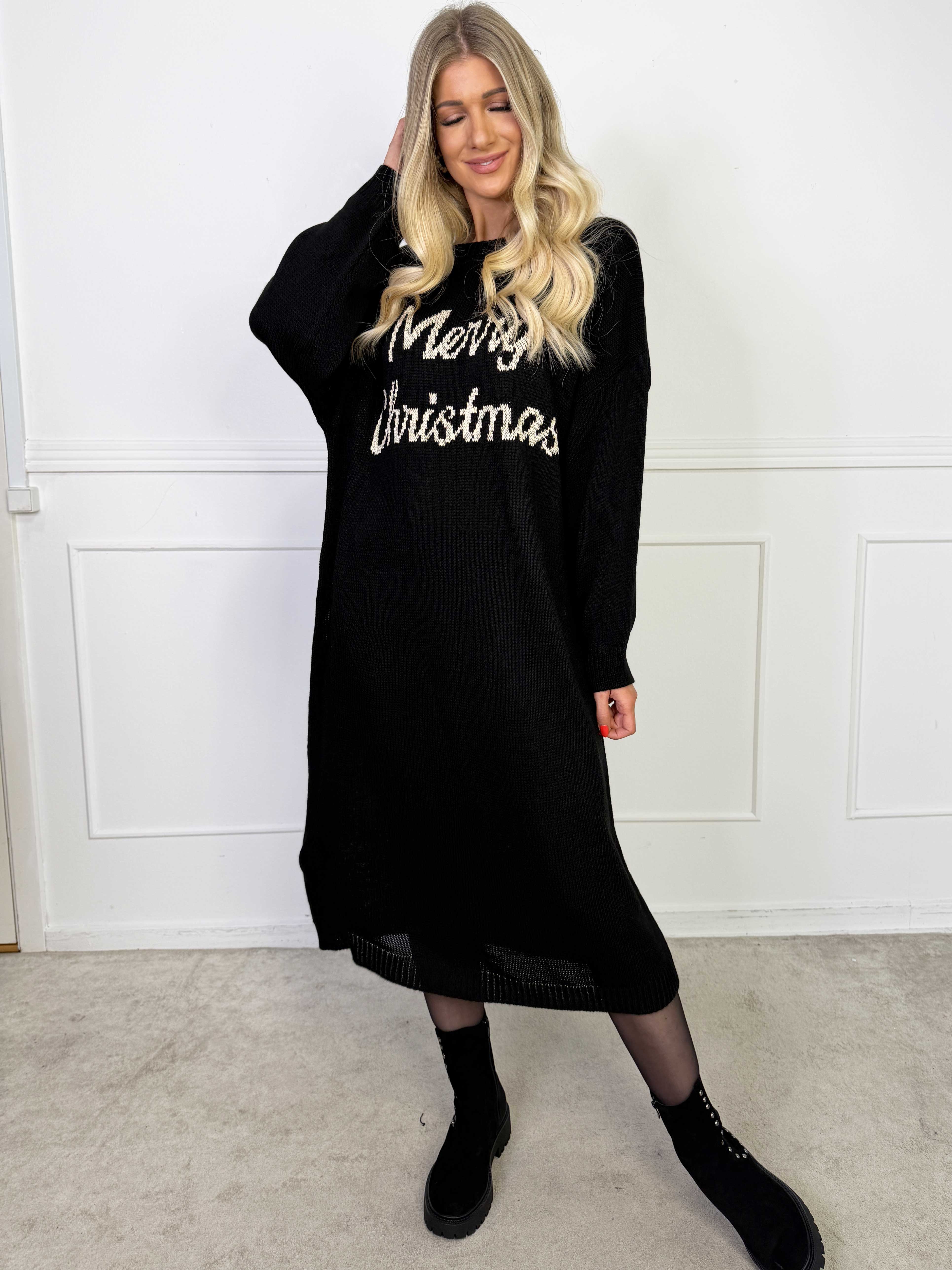 Merry Long - Julestrikkjole med guld skrift