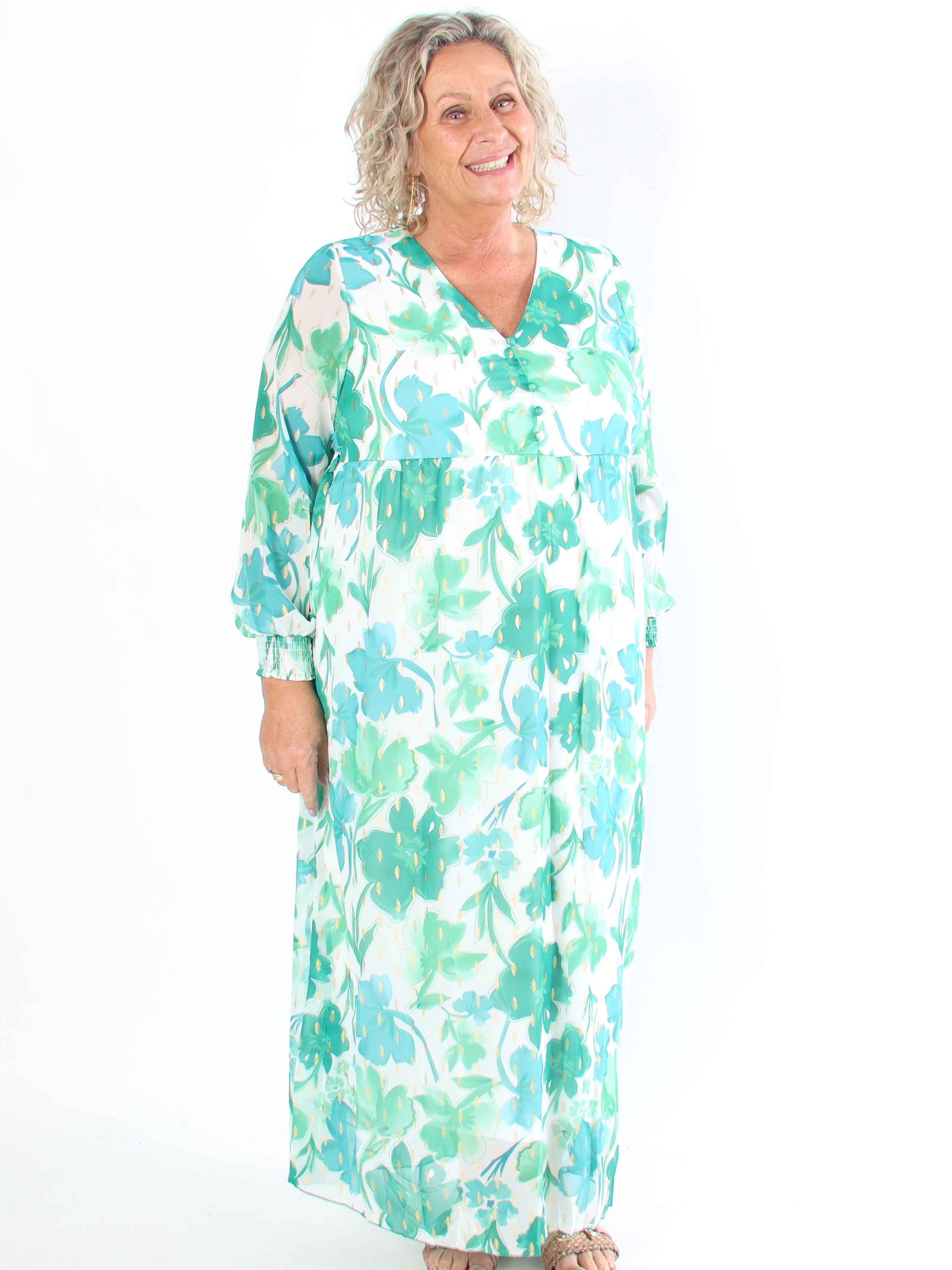 Mika - Sød plus size sommerkjole i chiffon med guld dutter