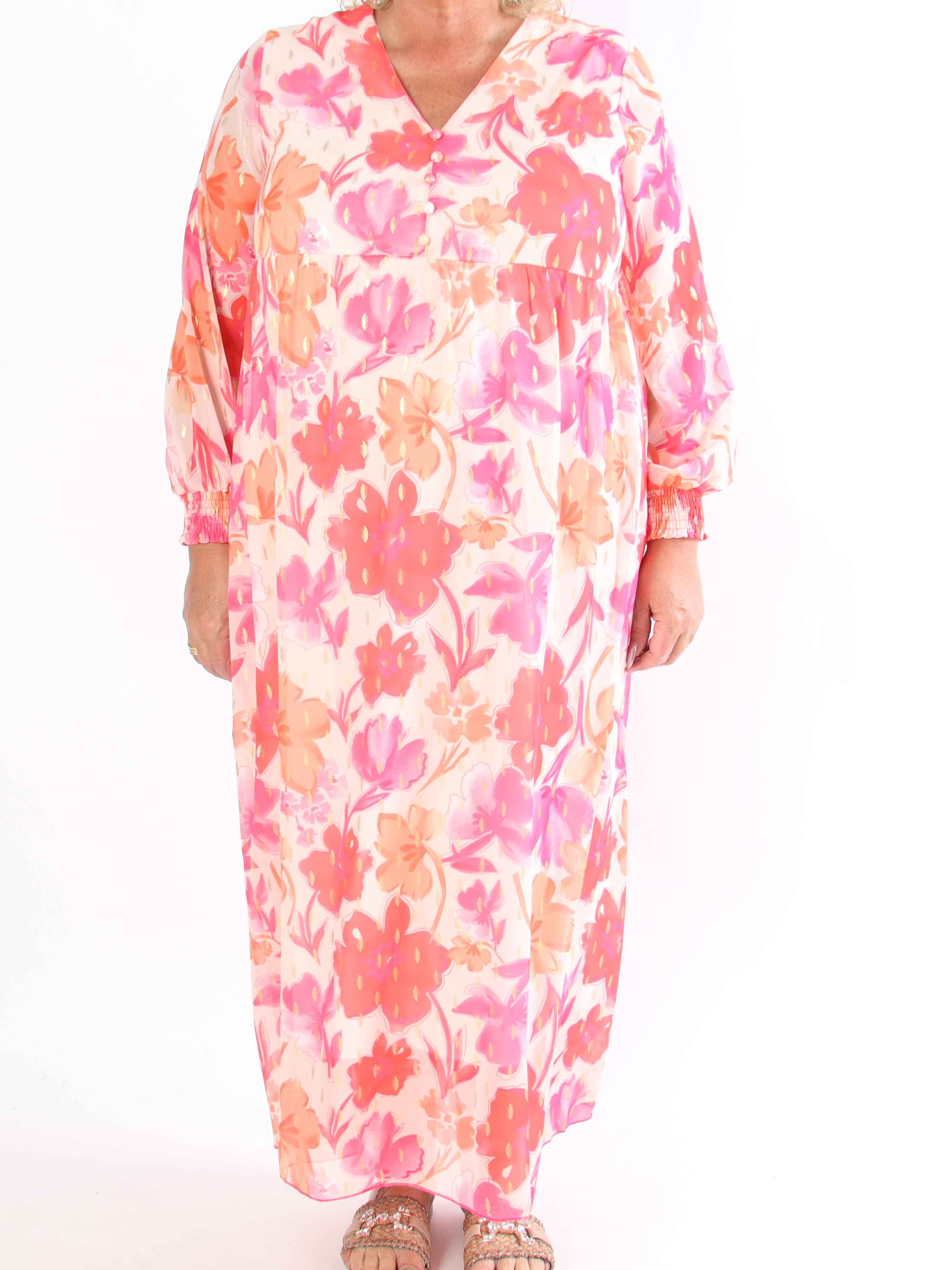 Mika - Sød plus size sommerkjole i chiffon med guld dutter