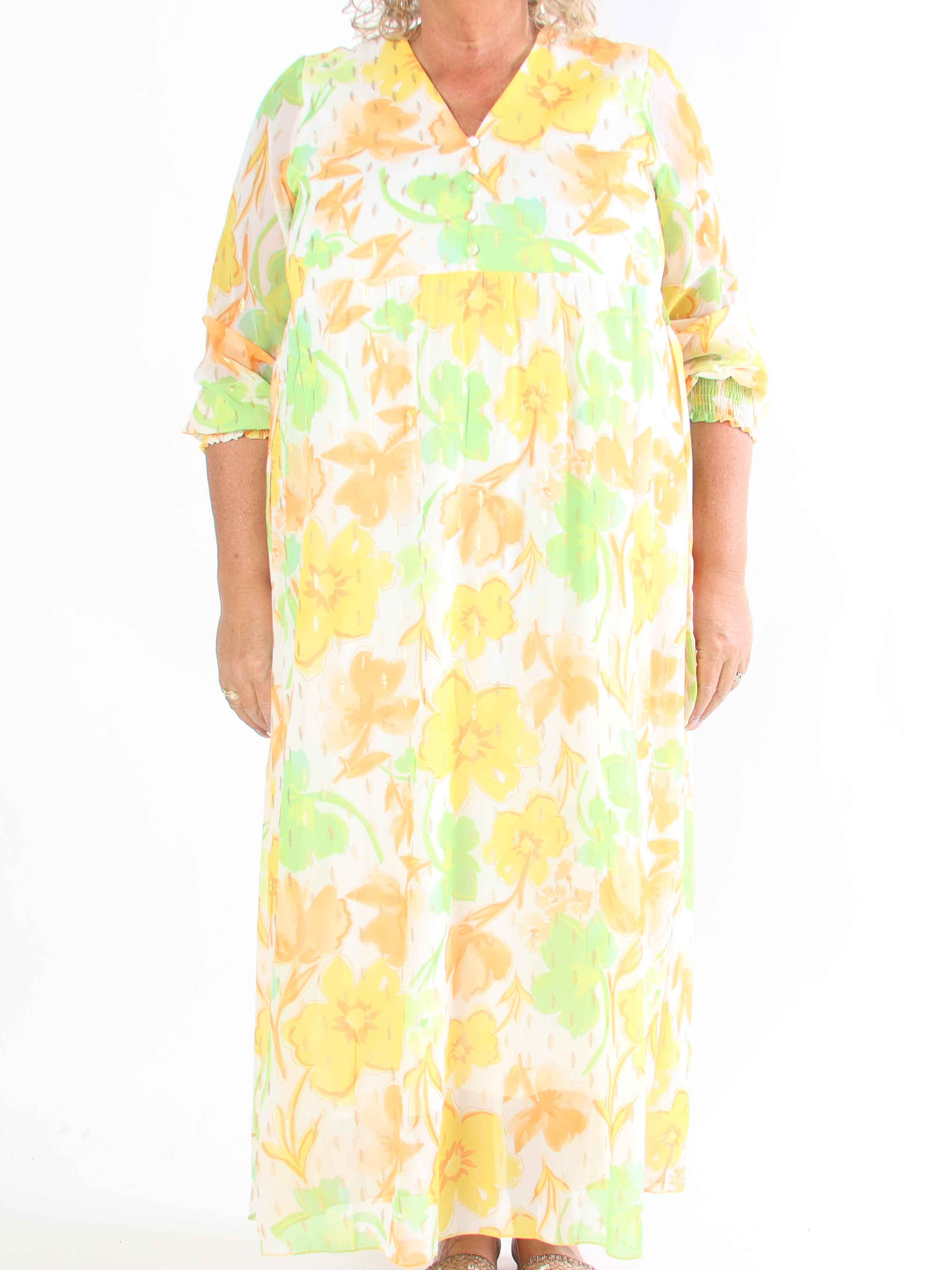 Mika - Sød plus size sommerkjole i chiffon med guld dutter