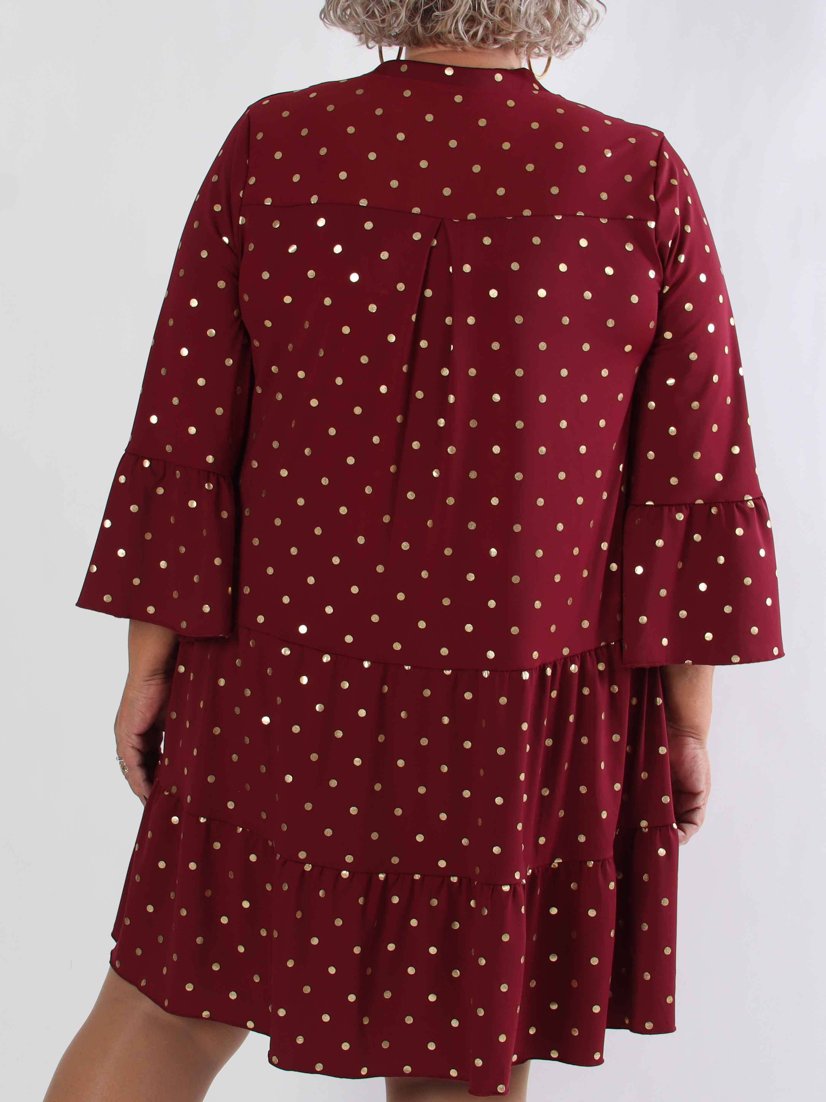 Milania Dot - Elastisk plus size kjole med guld prikker og flæselag