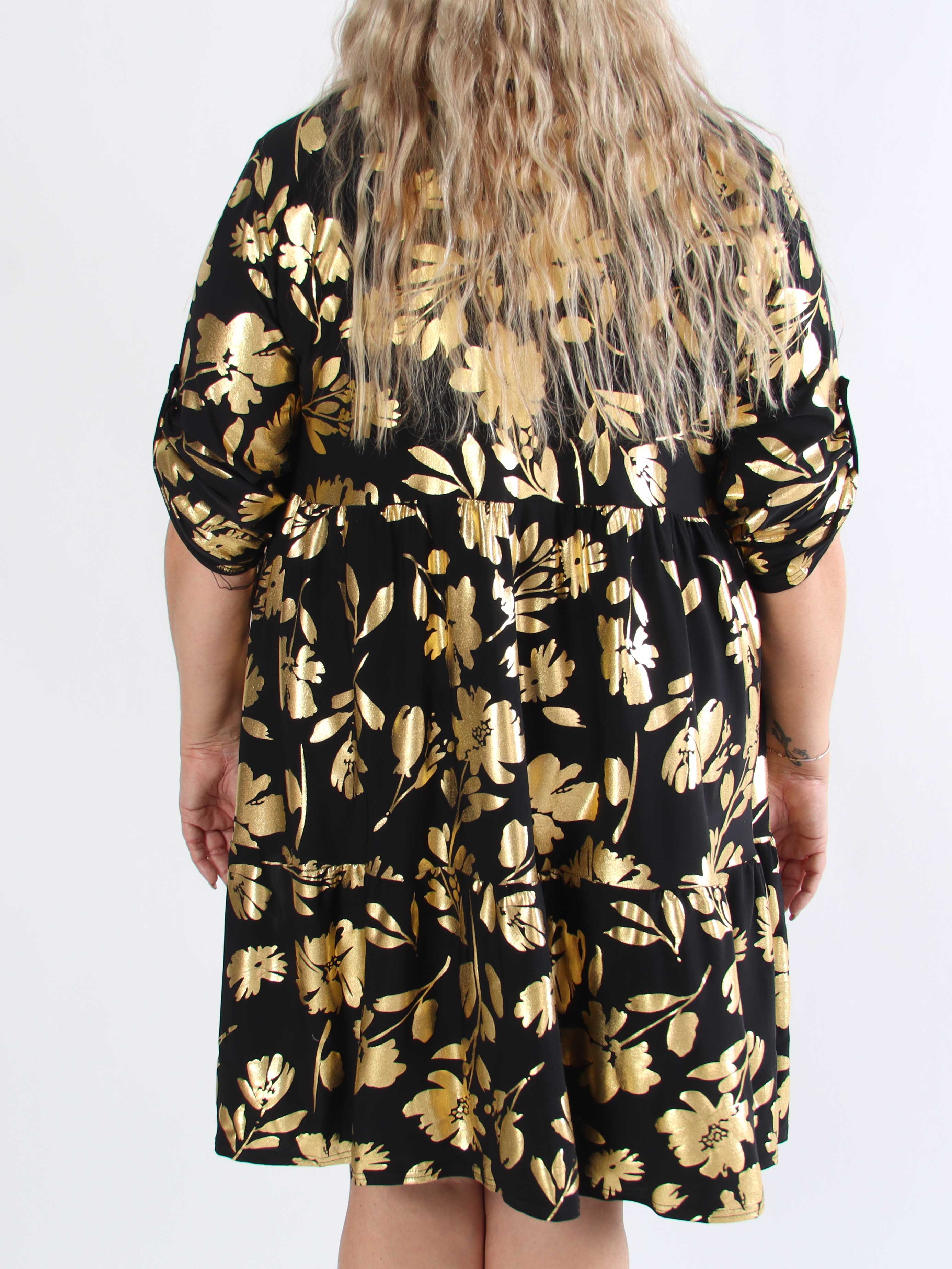 Milano Gold Flower Midi - Plus size kjole med guld blade og lag på lag look