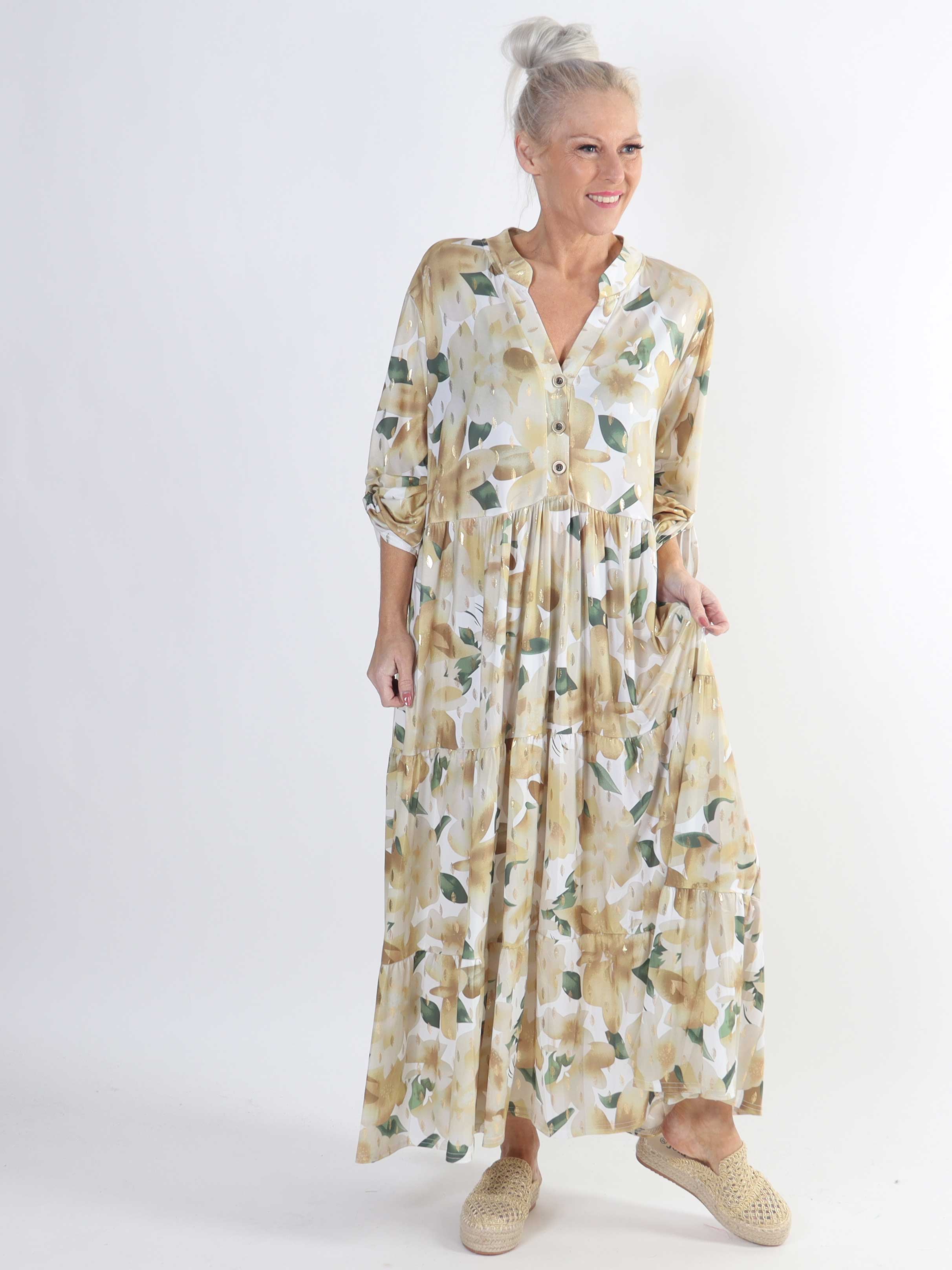 Milano Flower - Lang plus size kjole med lag på lag look