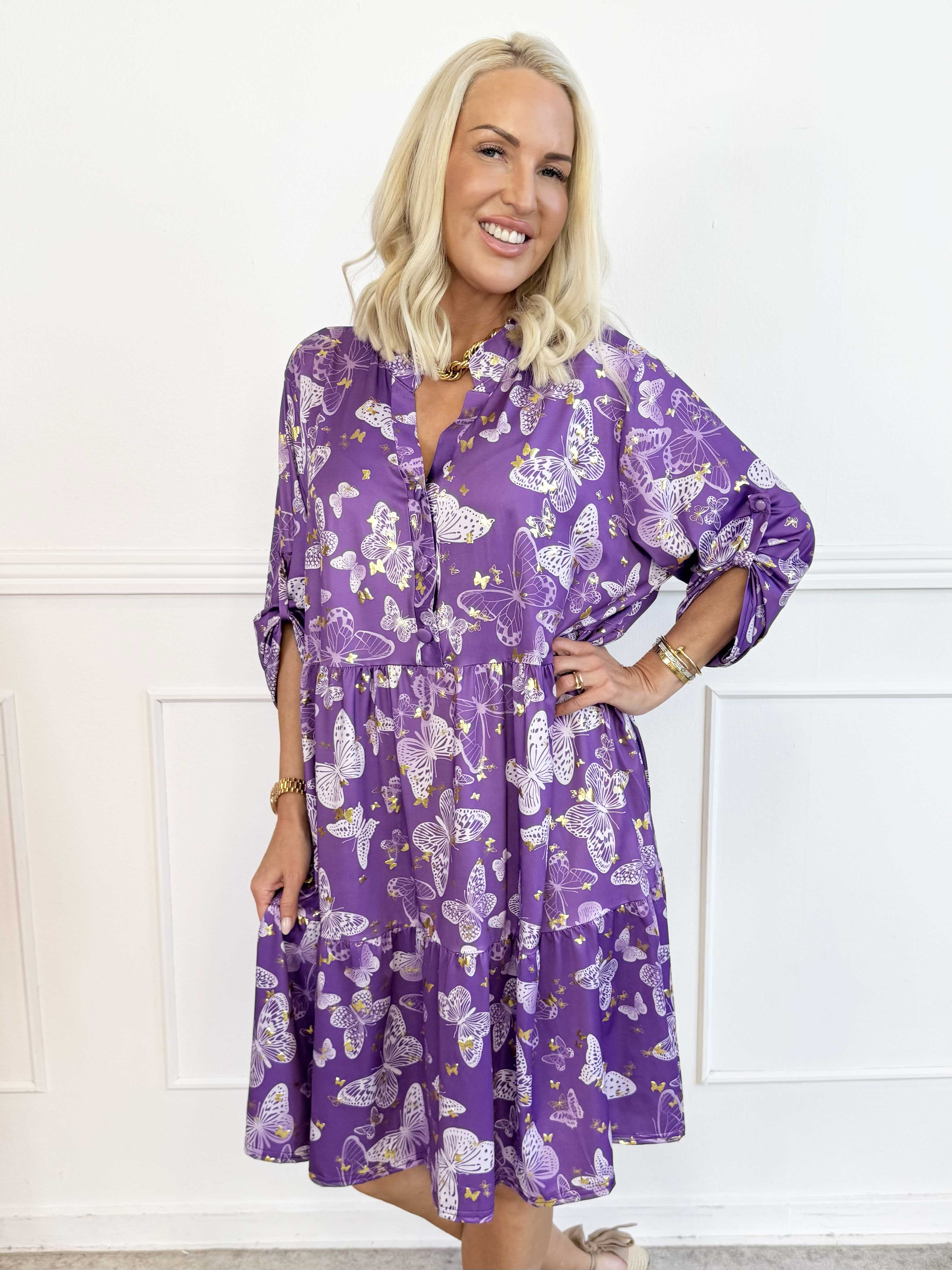 Milano Butterfly Midi - Elastisk kjole med sødt sommerfugleprint og A-facon