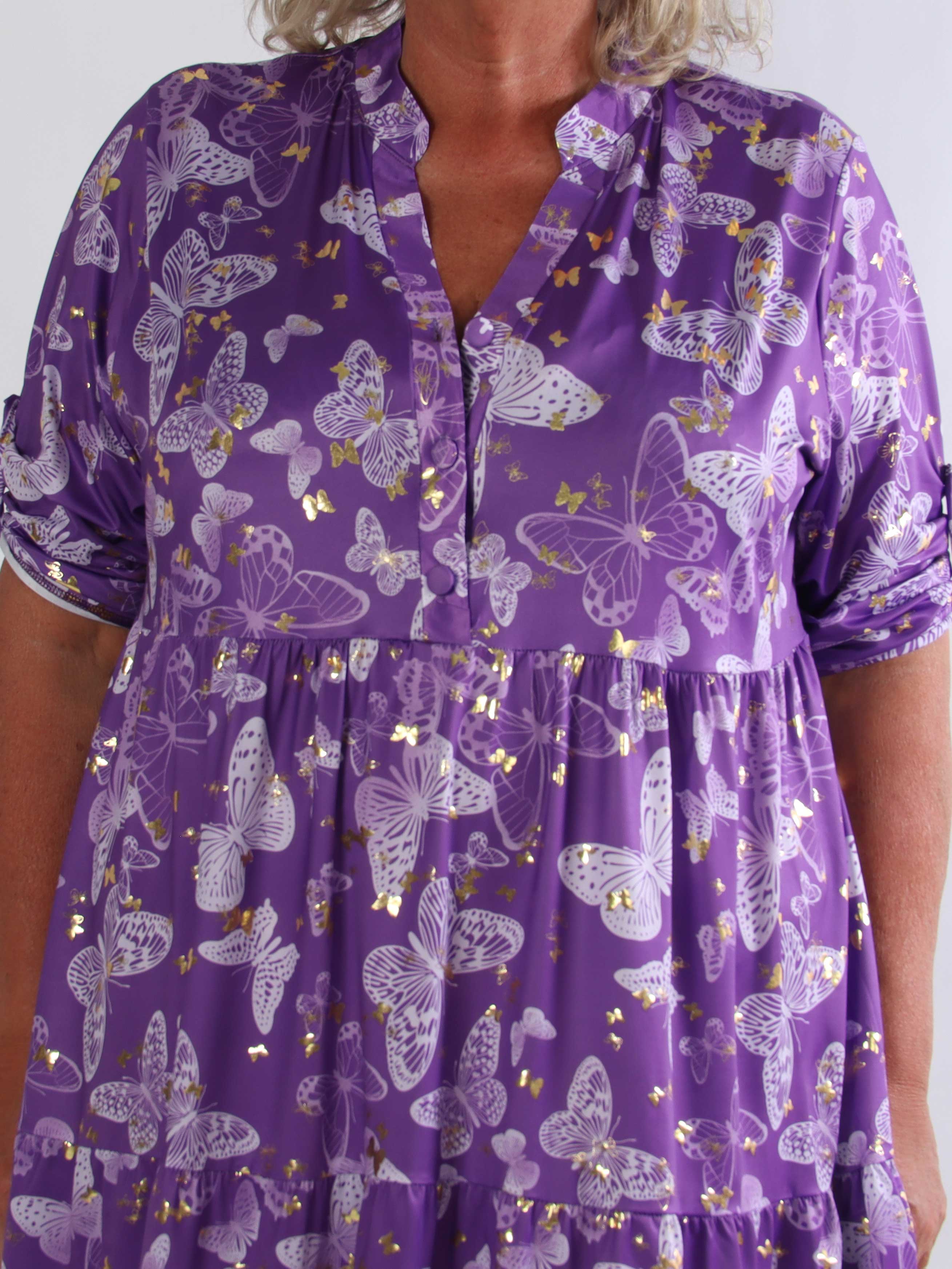 Milano Butterfly Midi - Elastisk plus size kjole med sødt sommerfugleprint og A-facon