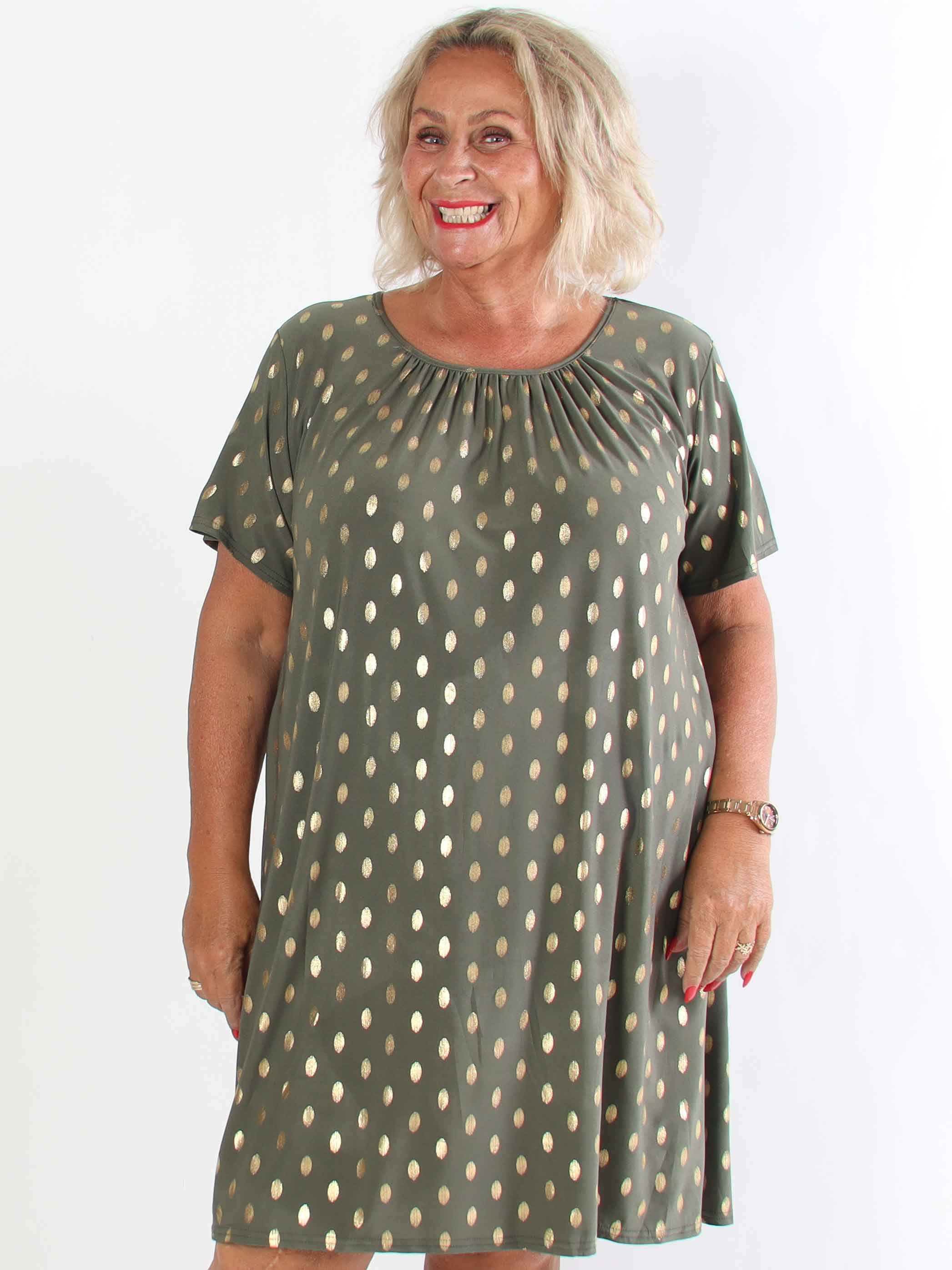 Miravi Gold - Løs kjole i elastisk stof med guld dutter