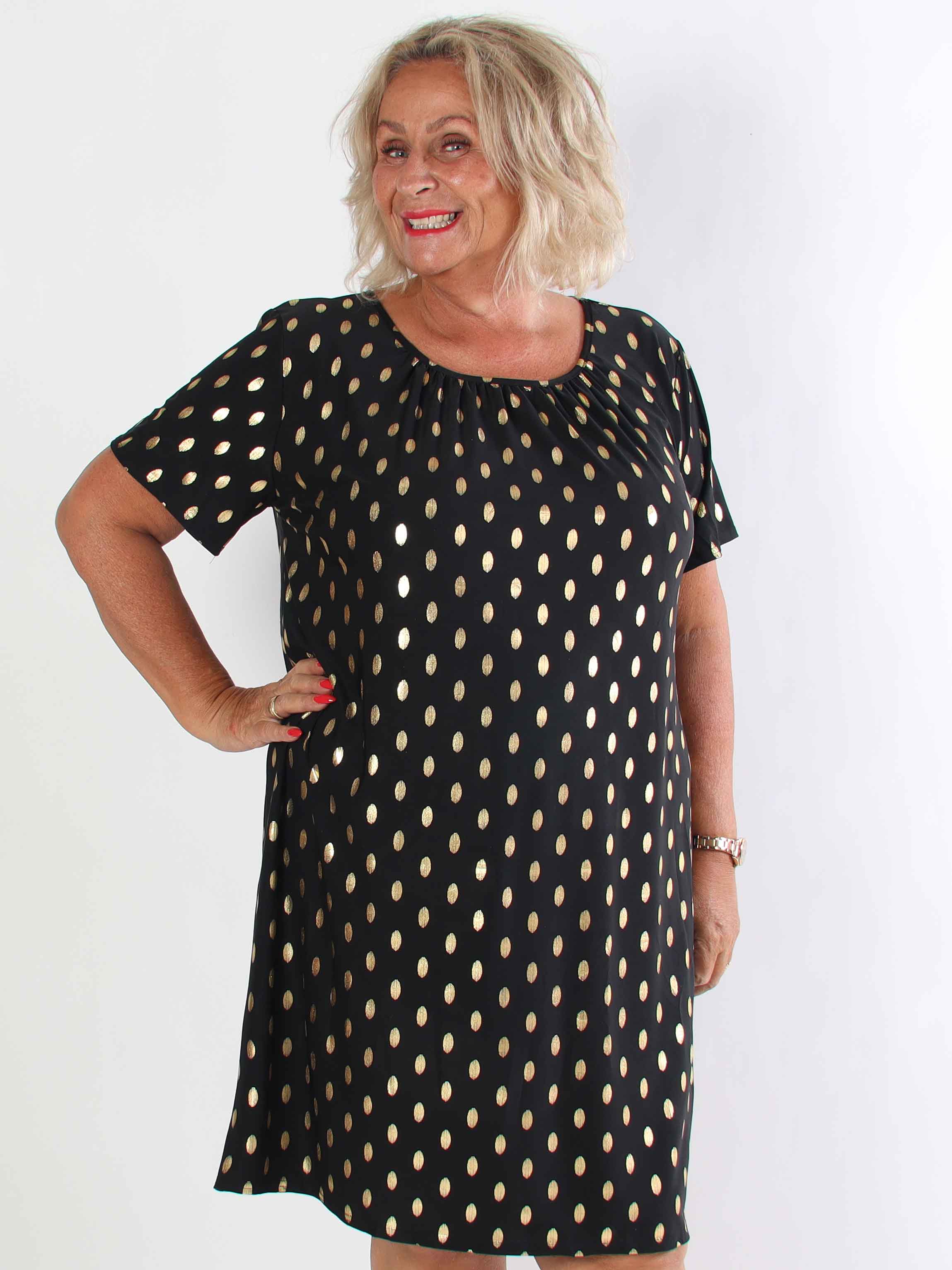 Miravi Gold - Løs kjole i elastisk stof med guld dutter