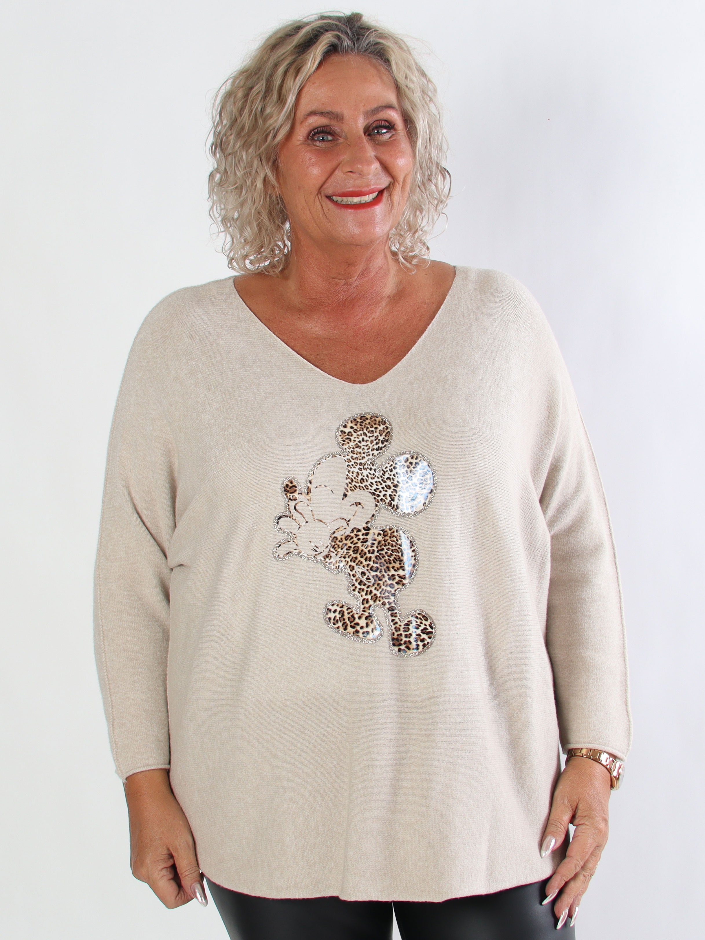 Mouse - Blød plus size strikbluse med mickey tryk i leo