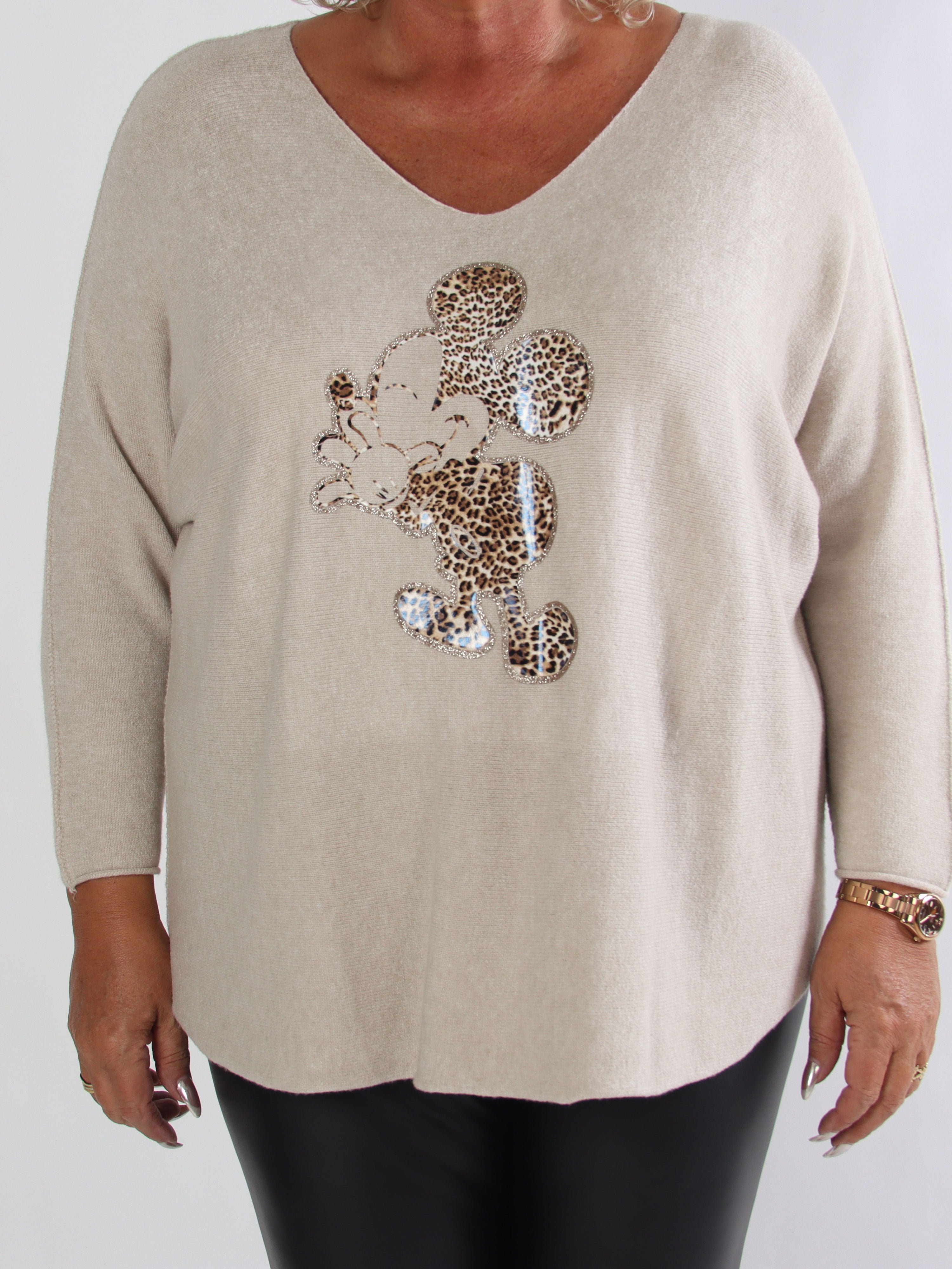 Mouse - Blød plus size strikbluse med mickey tryk i leo