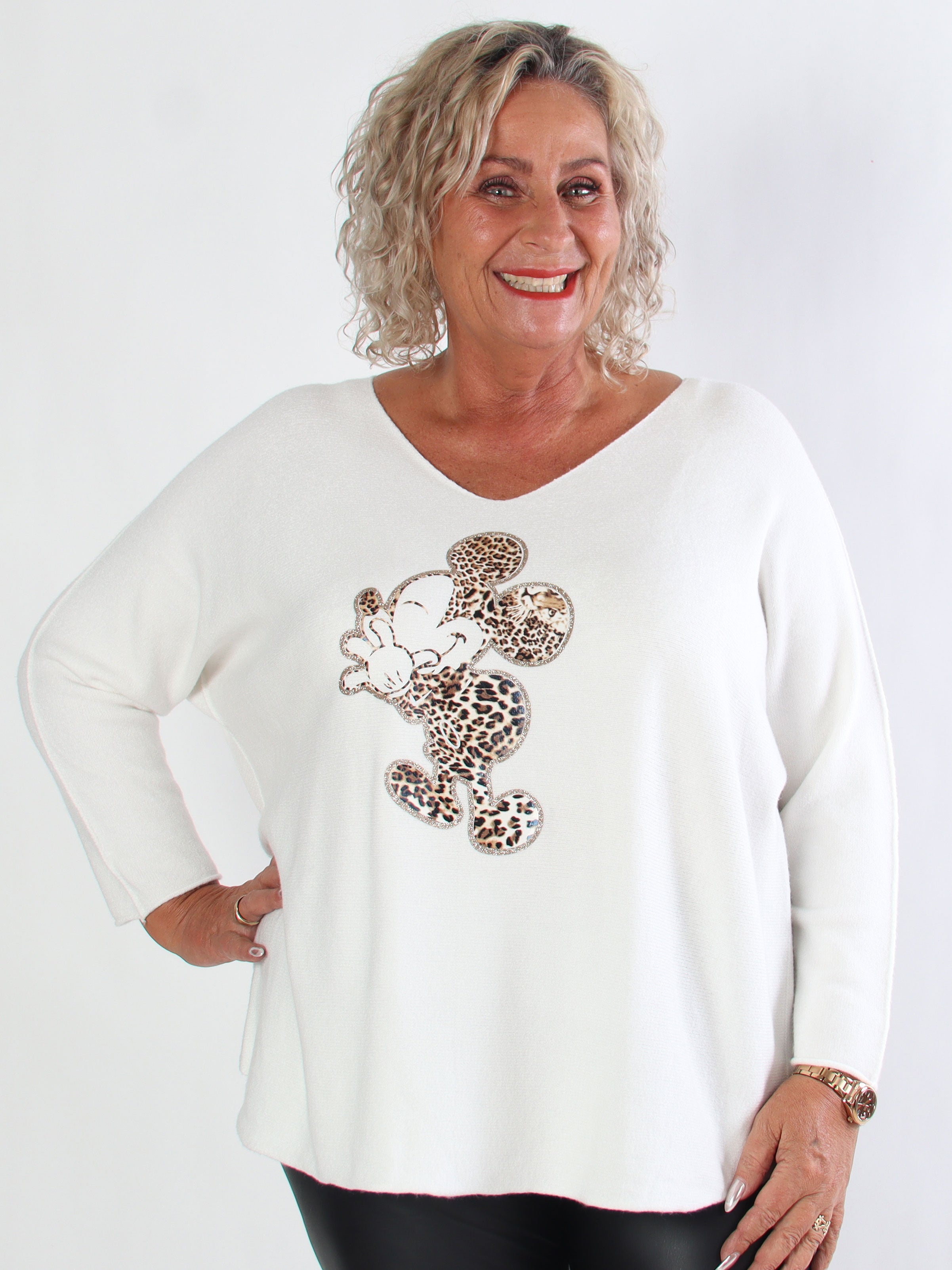 Mouse - Blød plus size strikbluse med mickey tryk i leo