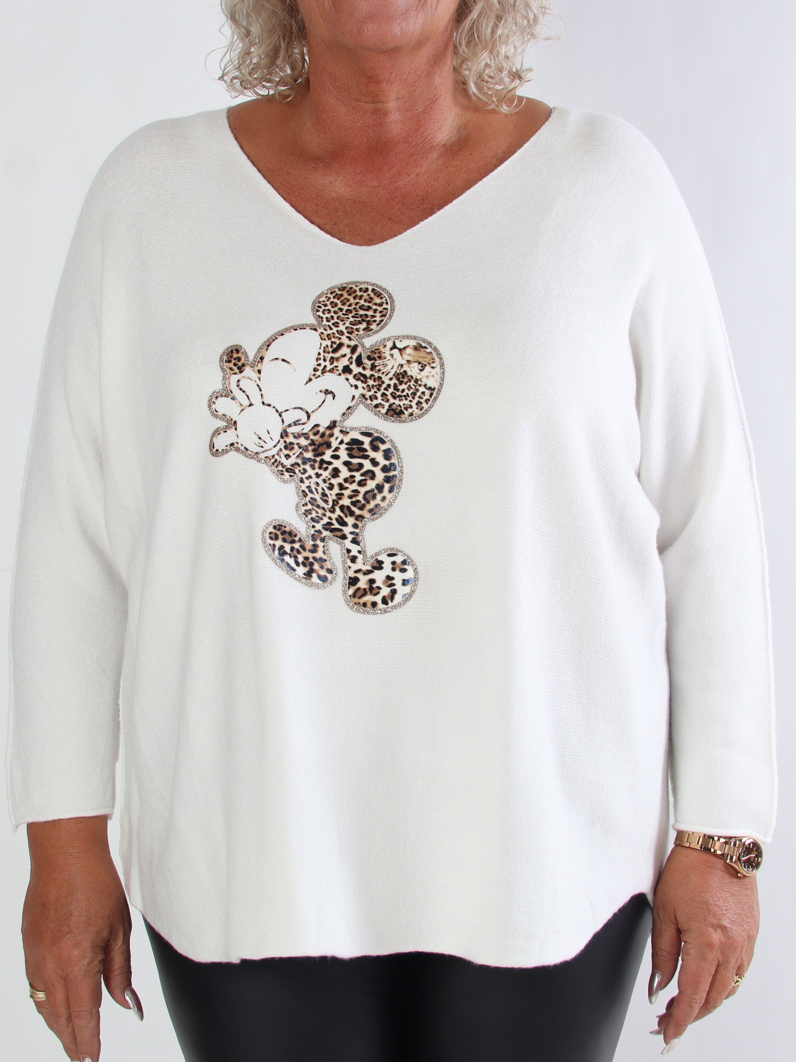 Mouse - Blød plus size strikbluse med mickey tryk i leo