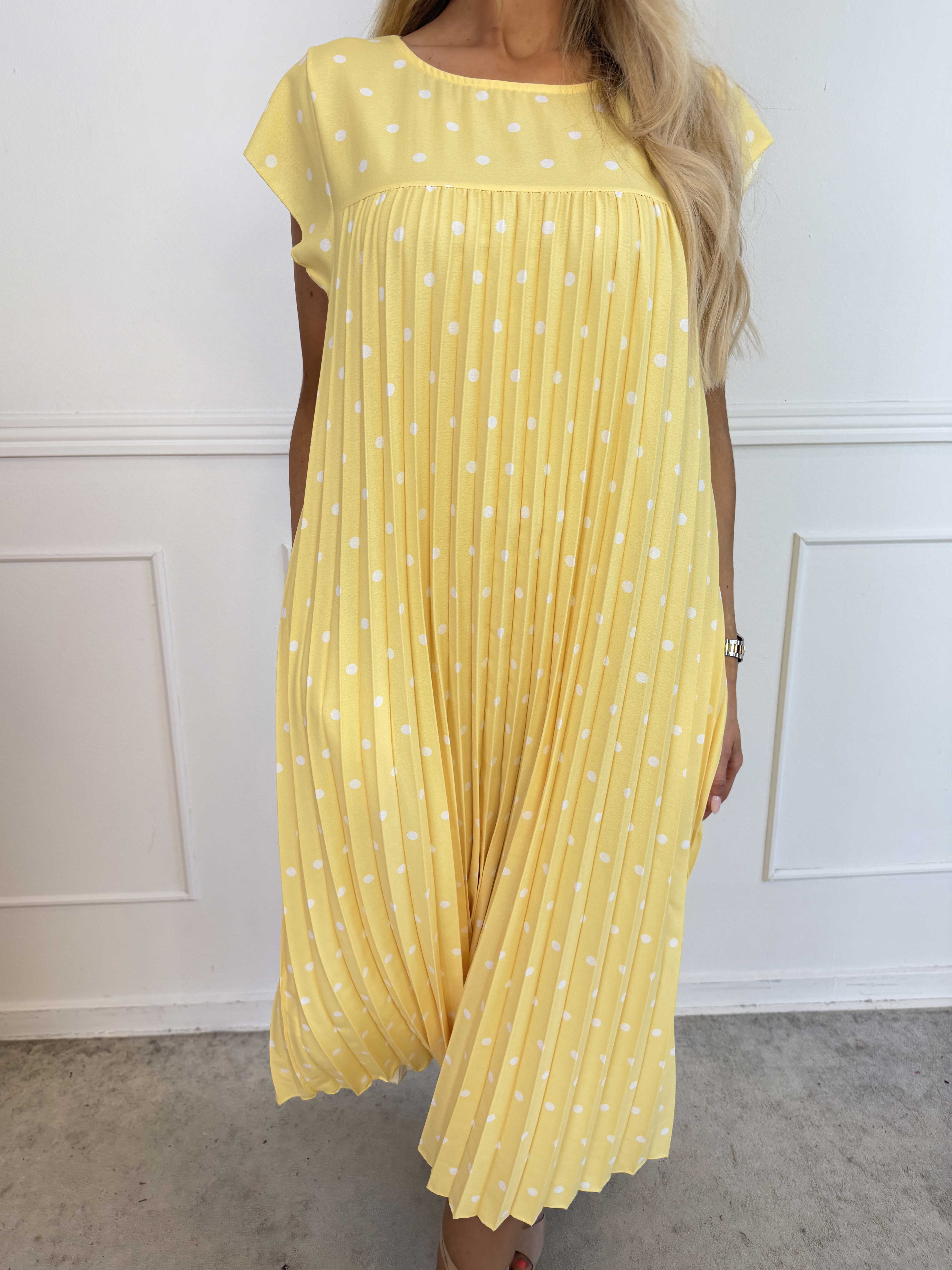 Nancy Dot - Lang plisseret kjole med prikker og lommer