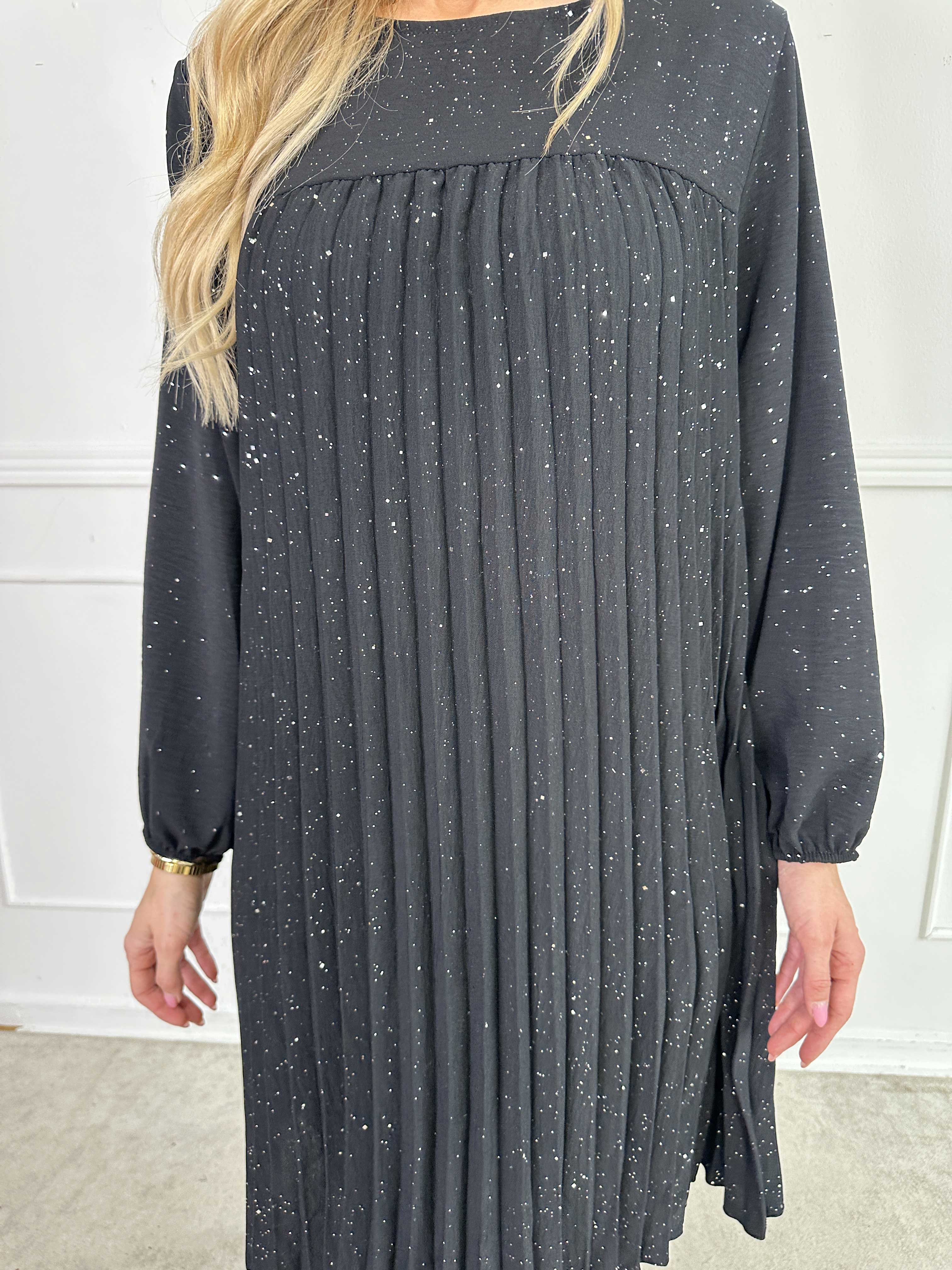 Nancy Glitter Short L/S - Plisseret kjole med lommer og glimmer