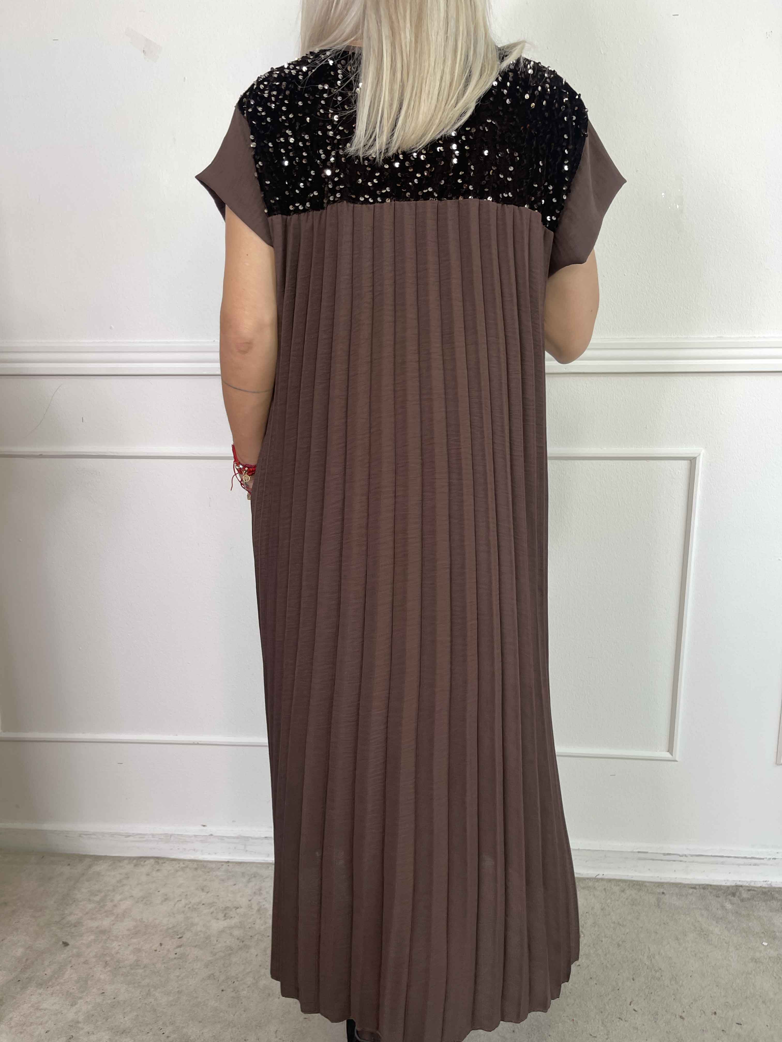 Nancy Party - Lang plisseret kjole med pailletter og velour