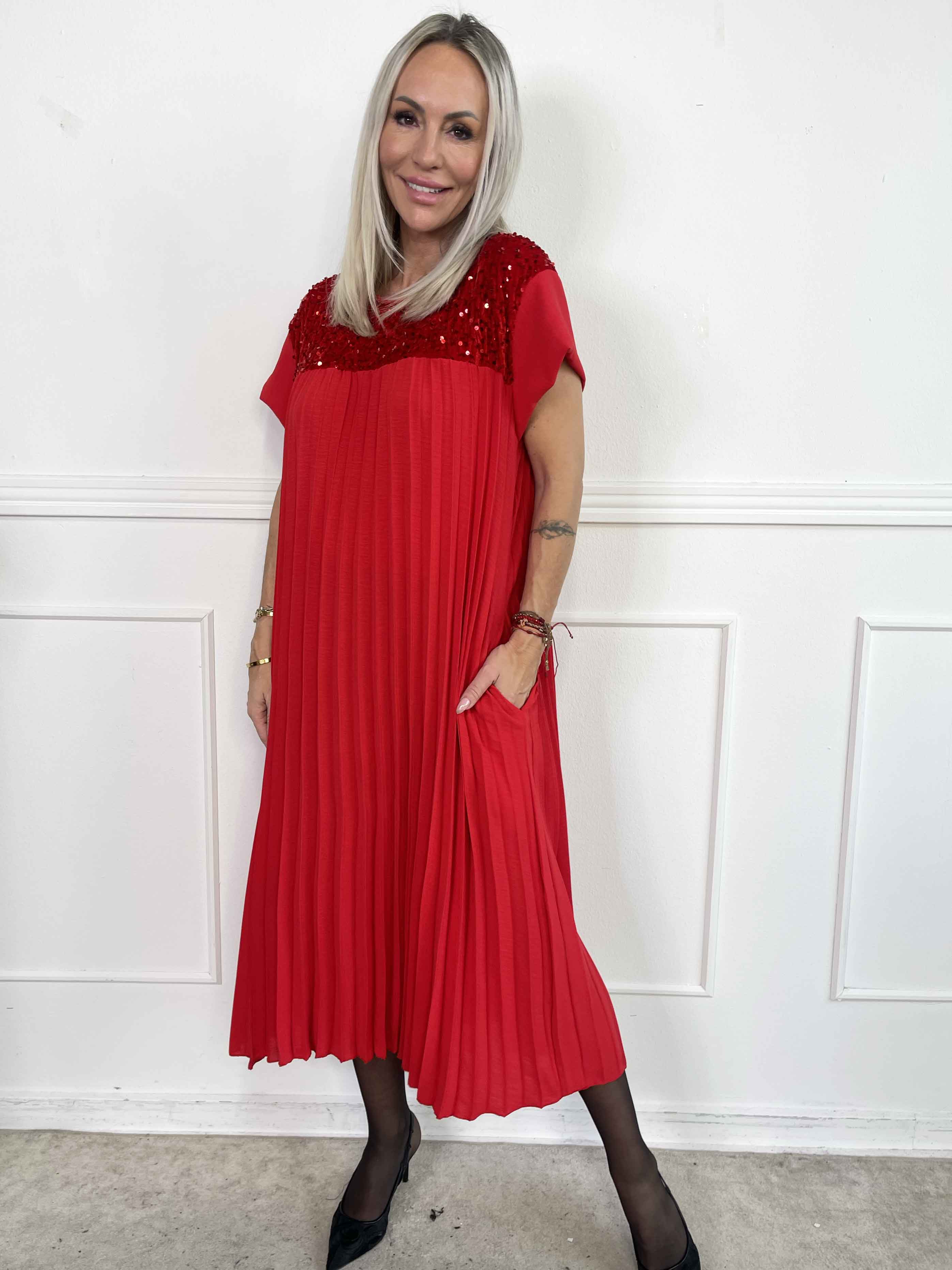 Nancy Party - Lang plisseret kjole med pailletter og velour