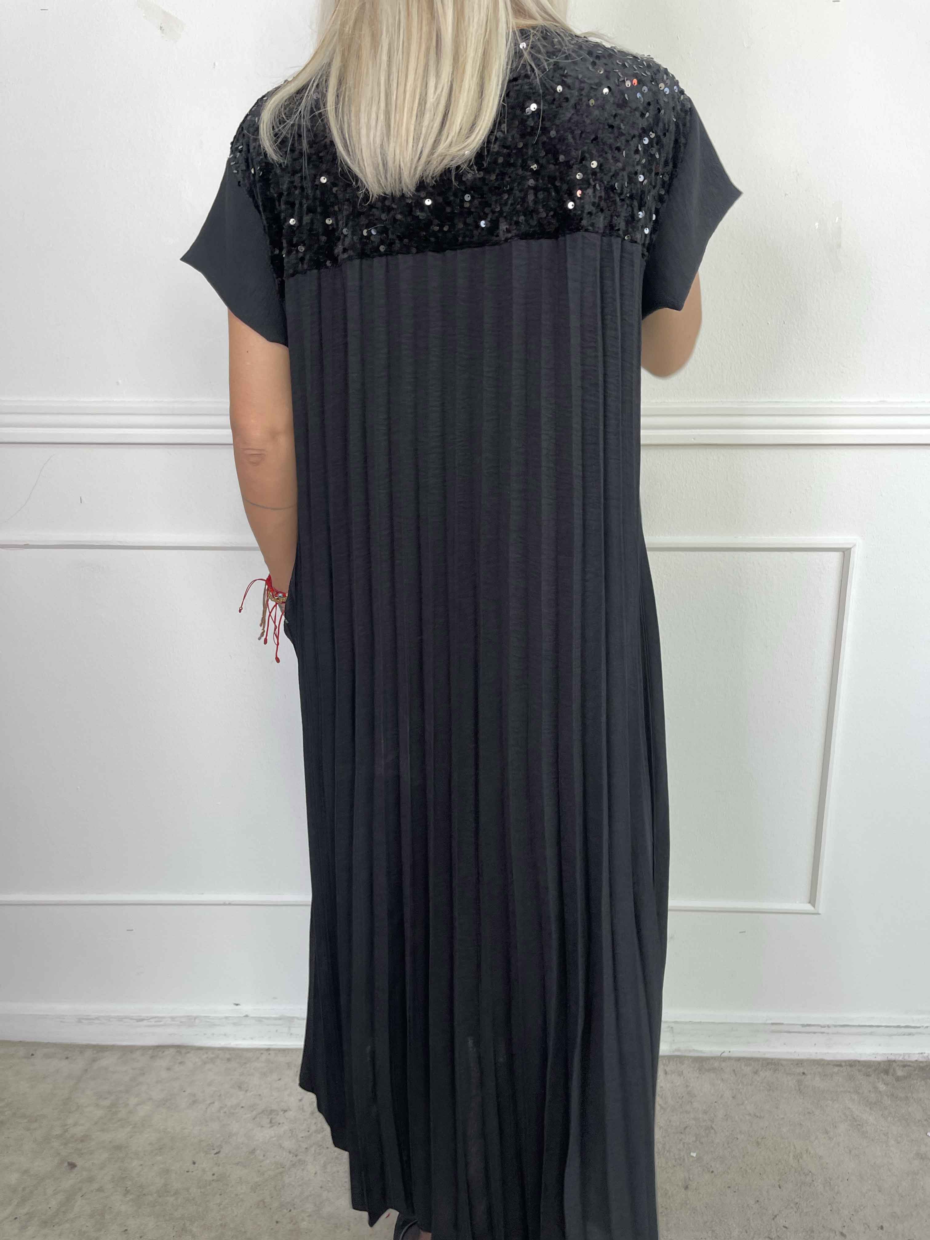 Nancy Party - Lang plisseret kjole med pailletter og velour