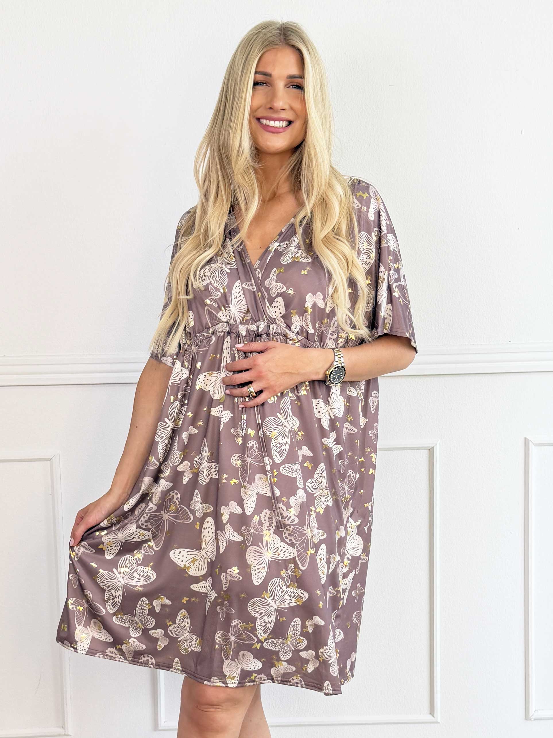 Nicolina Butterfly Short - Elastik kjole med sommerfugleprint og snøre under brystet
