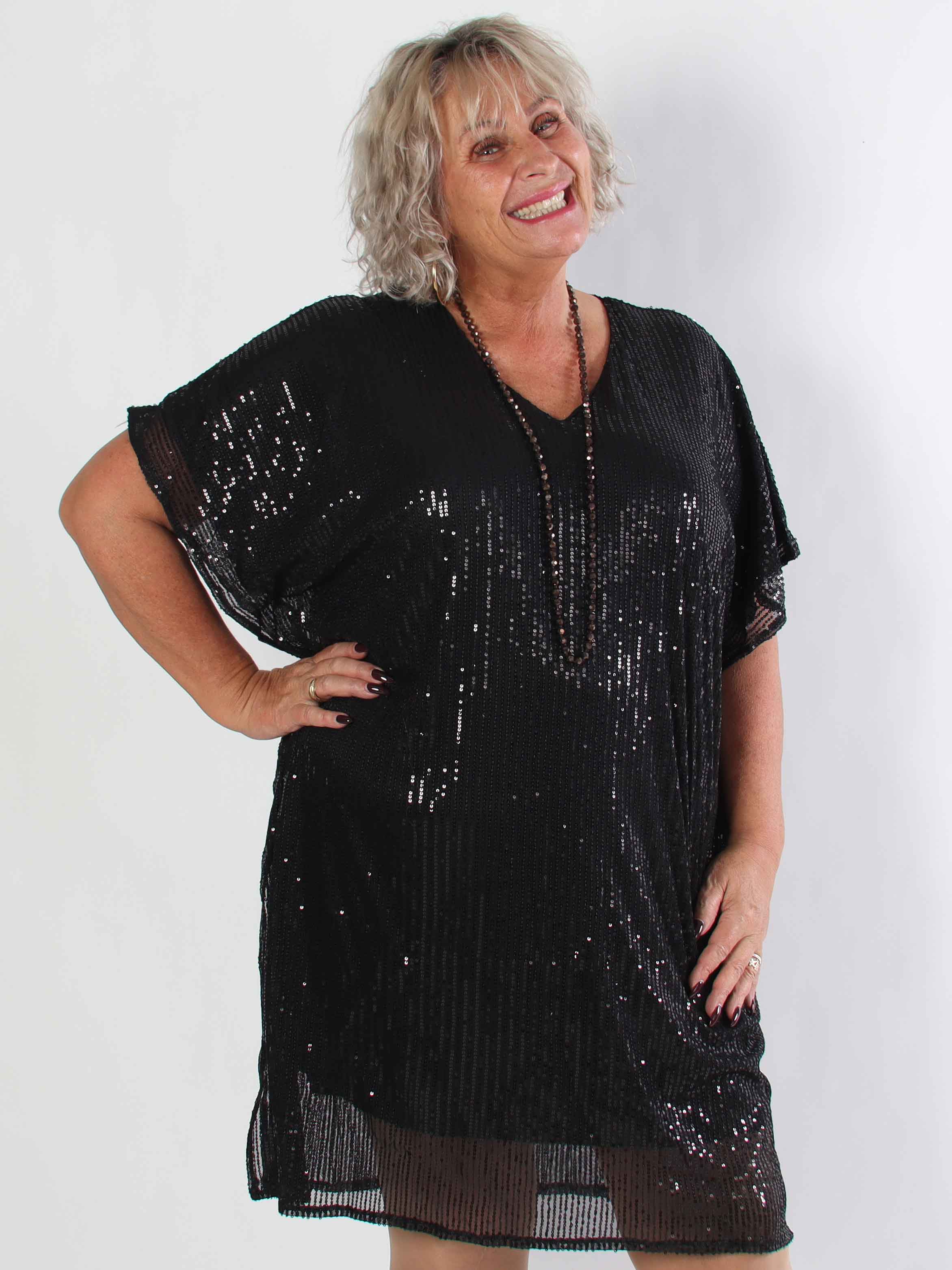 Norian - Festlig plus size tunikakjole med pailletter og v-udskæring