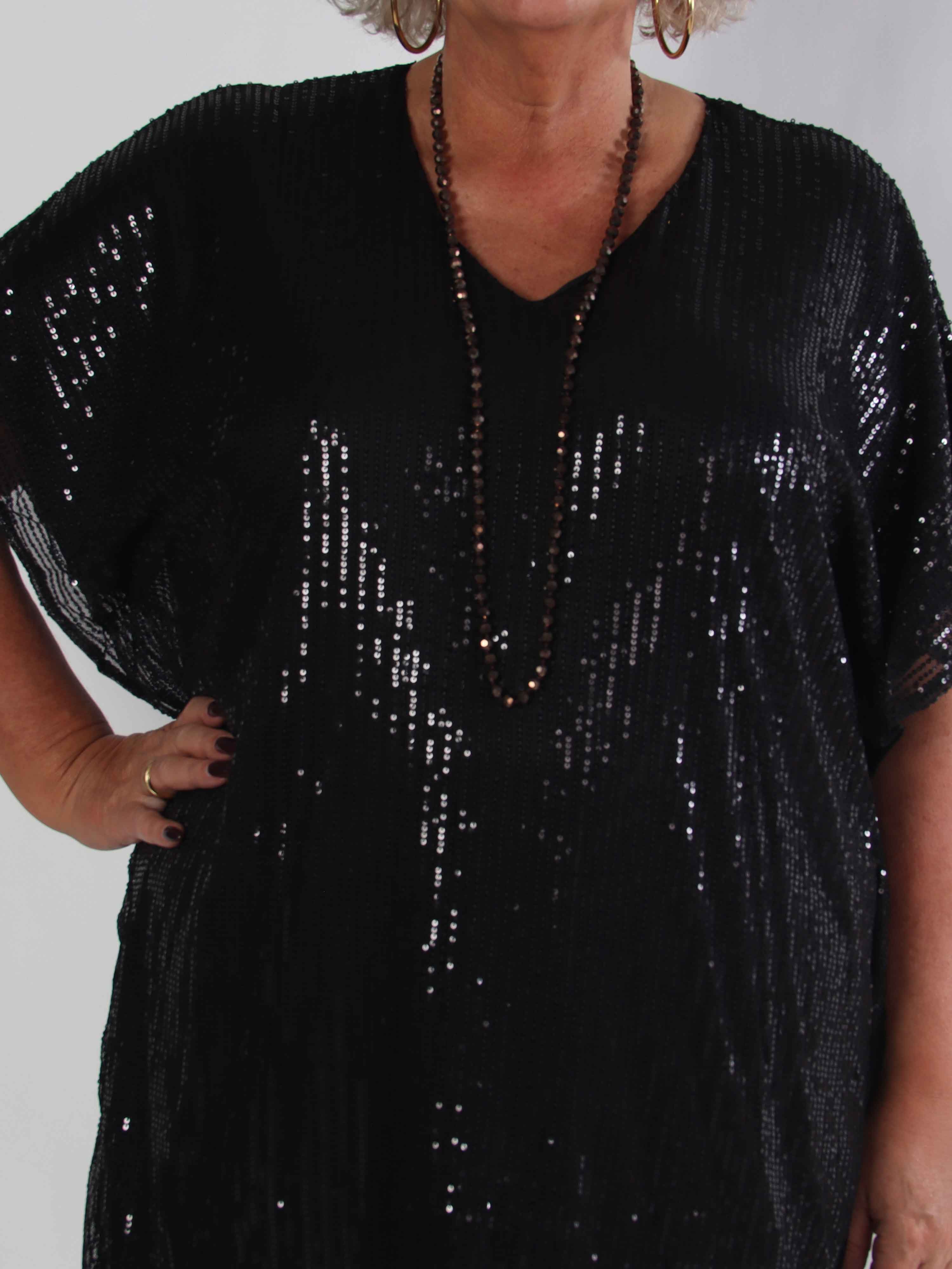 Norian - Festlig plus size tunikakjole med pailletter og v-udskæring