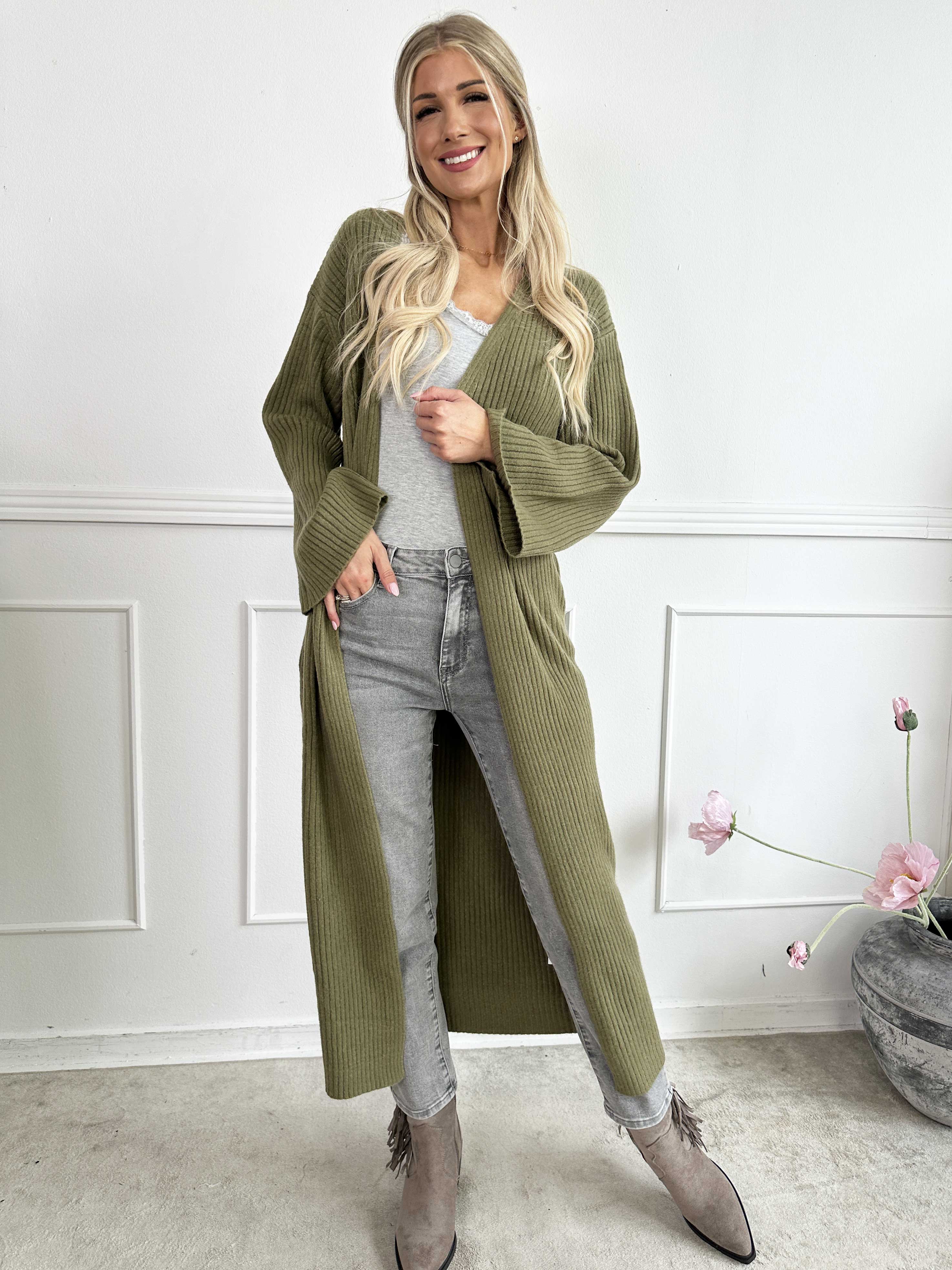 Olava - Lang blød strikcardigan med rib