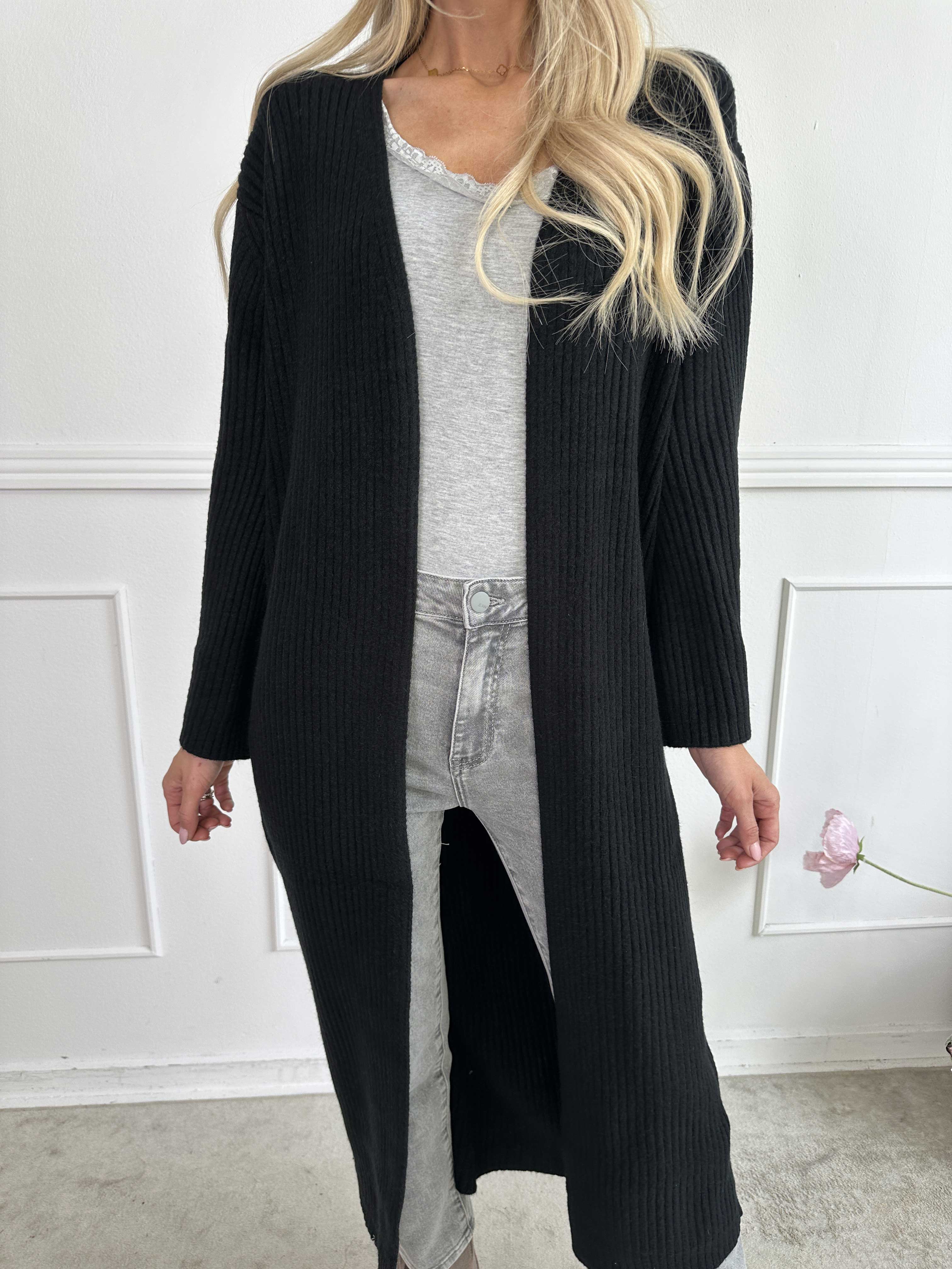 Olava - Lang blød strikcardigan med rib