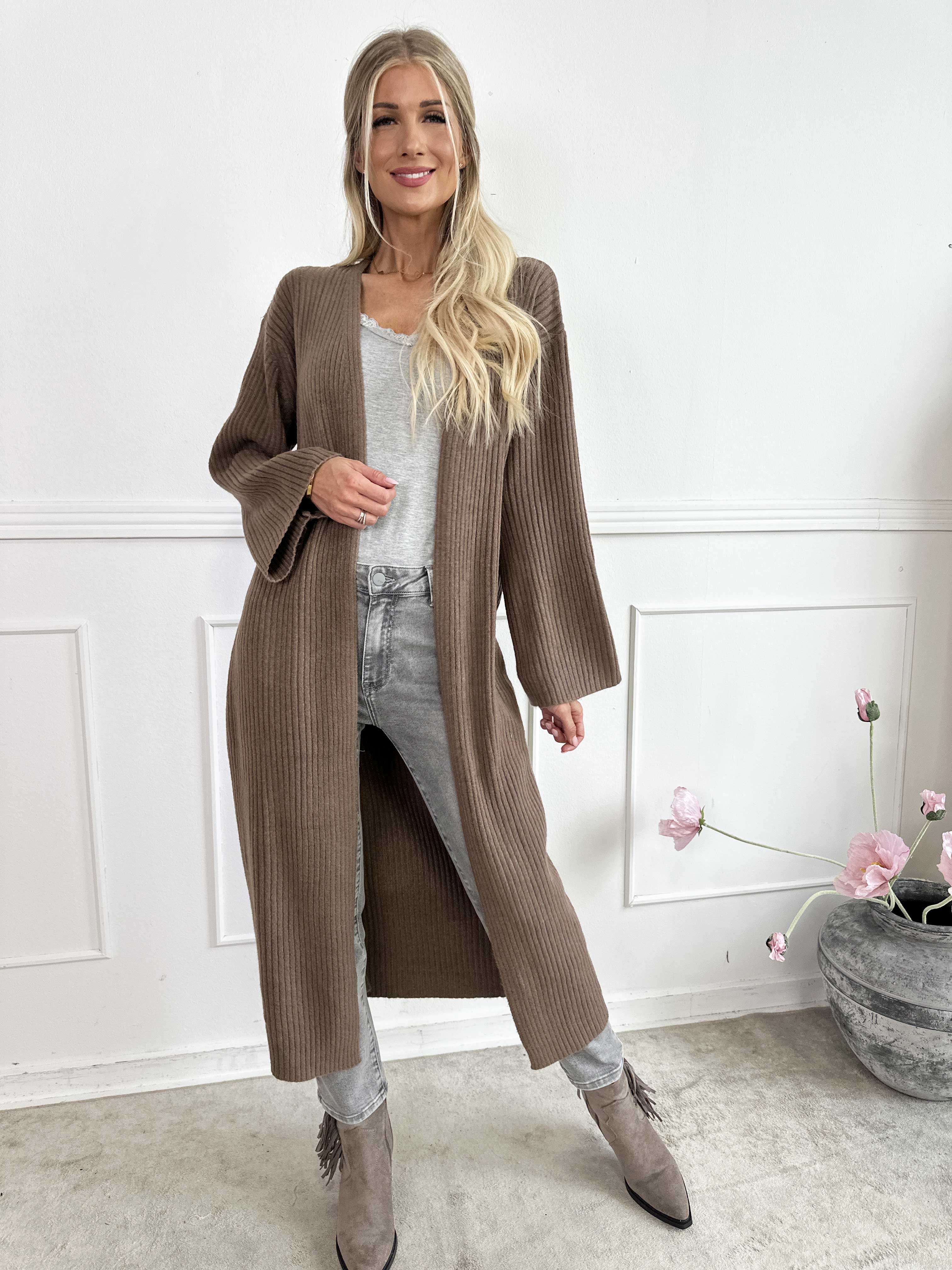 Olava - Lang blød strikcardigan med rib