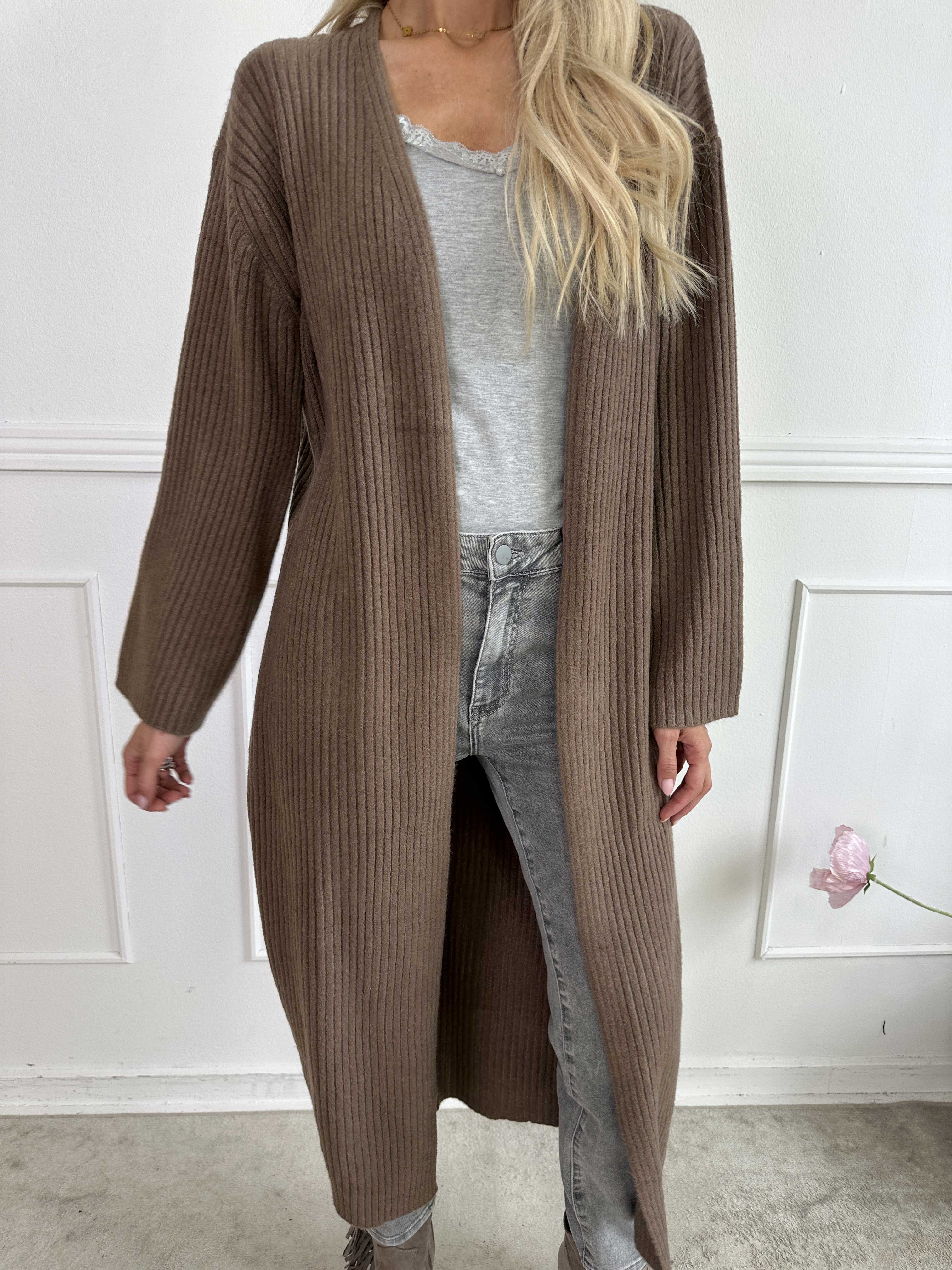 Olava - Lang blød strikcardigan med rib