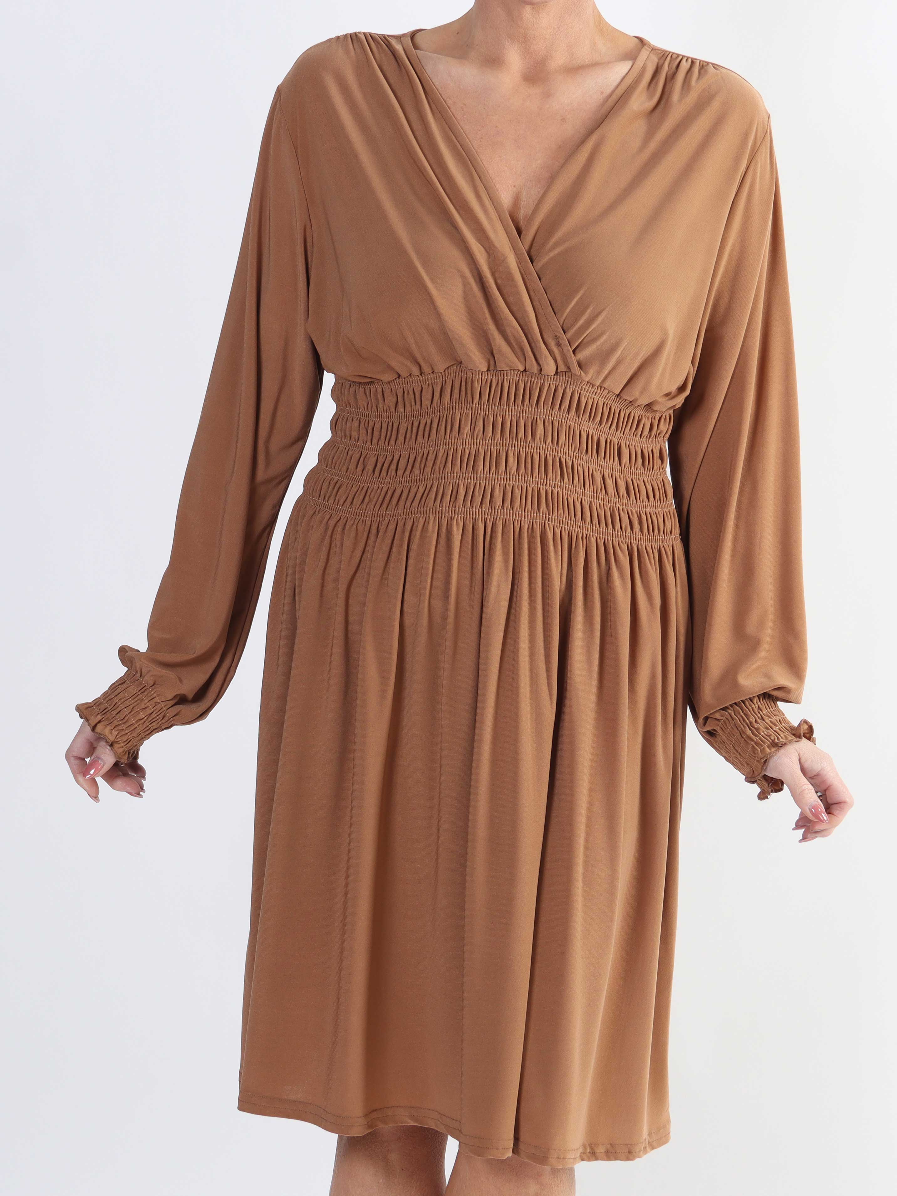 Pams Plain Short L/S - Elastisk plus size kjole med smock og lange ærmer