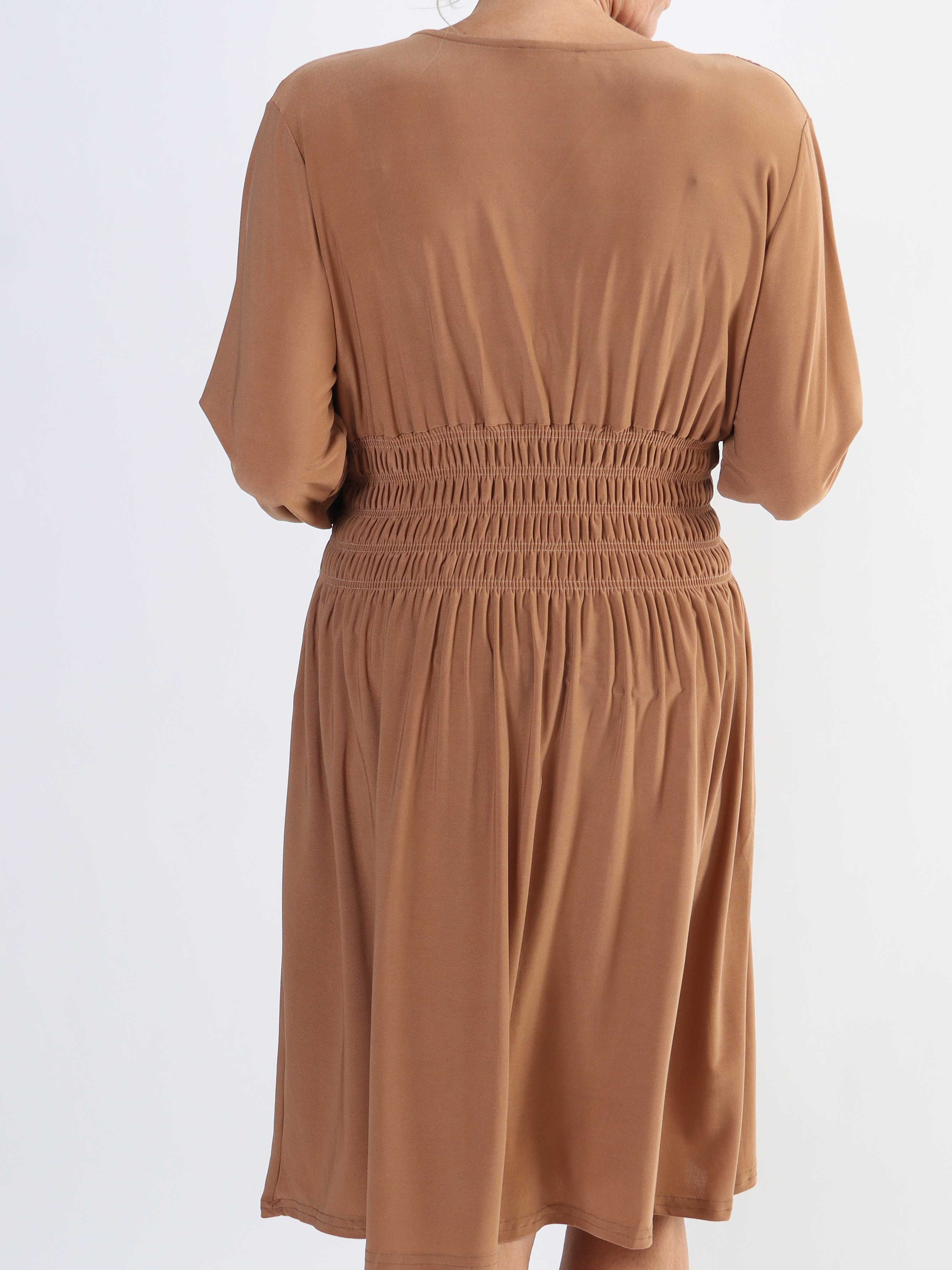 Pams Plain Short L/S - Elastisk plus size kjole med smock og lange ærmer