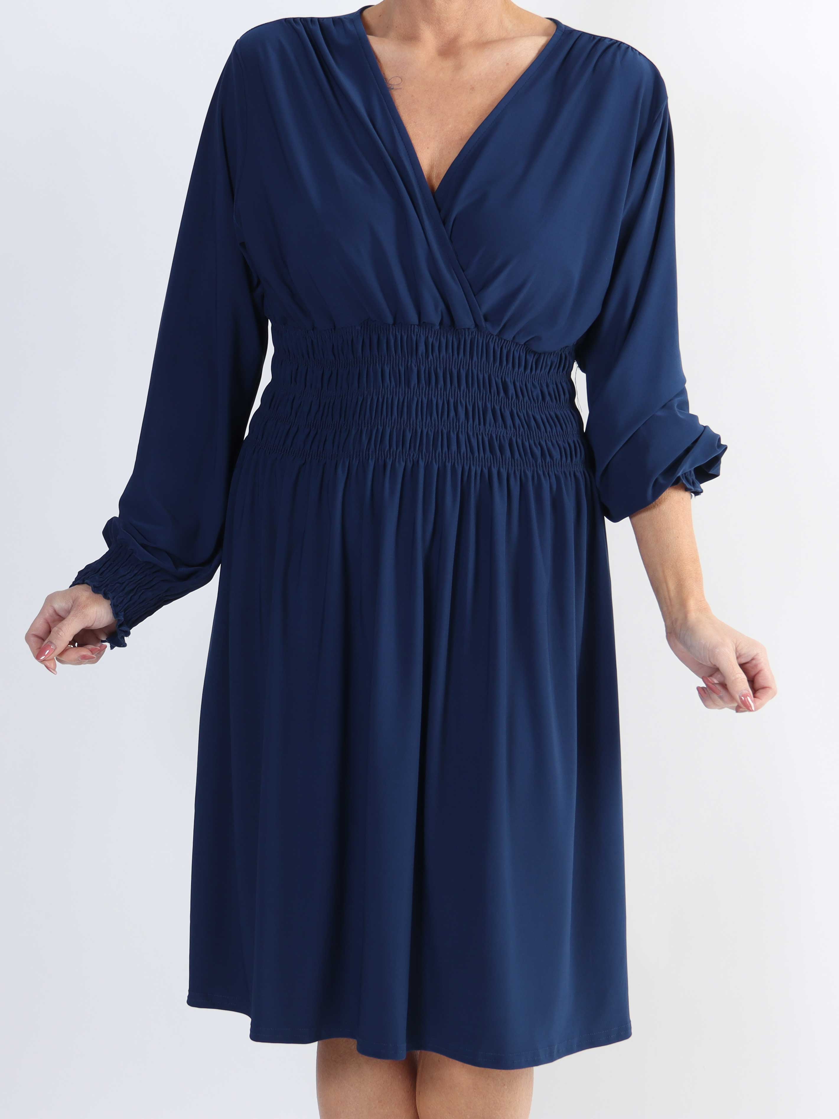 Pams Plain Short L/S - Elastisk plus size kjole med smock og lange ærmer