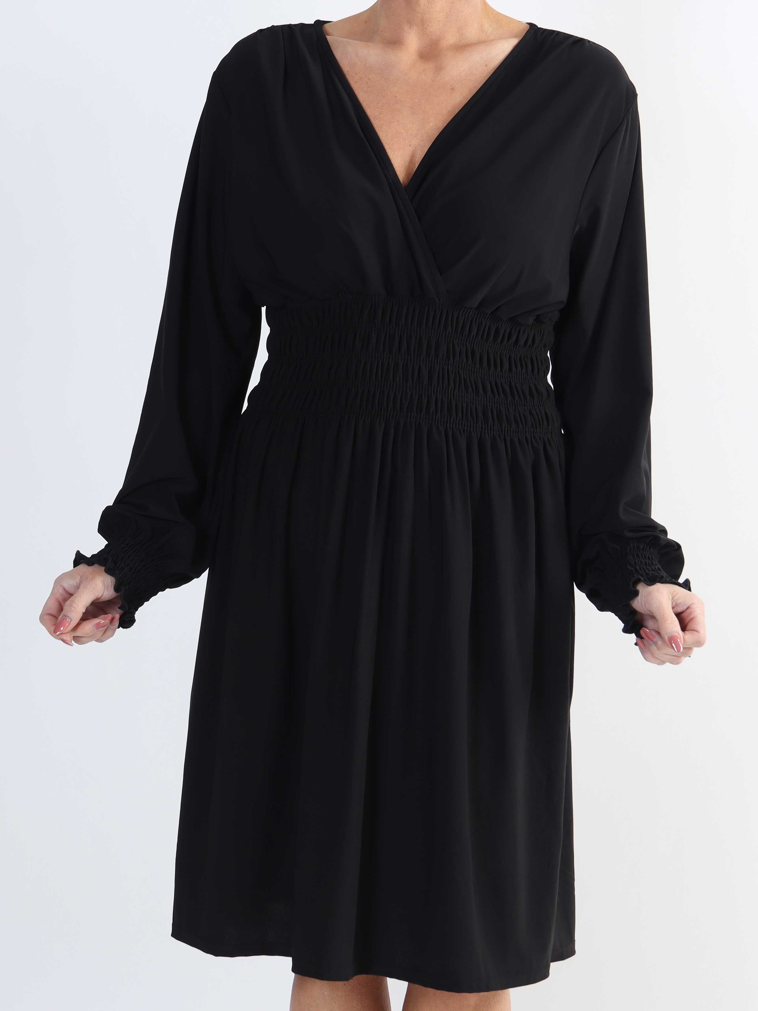 Pams Plain Short L/S - Elastisk plus size kjole med smock og lange ærmer