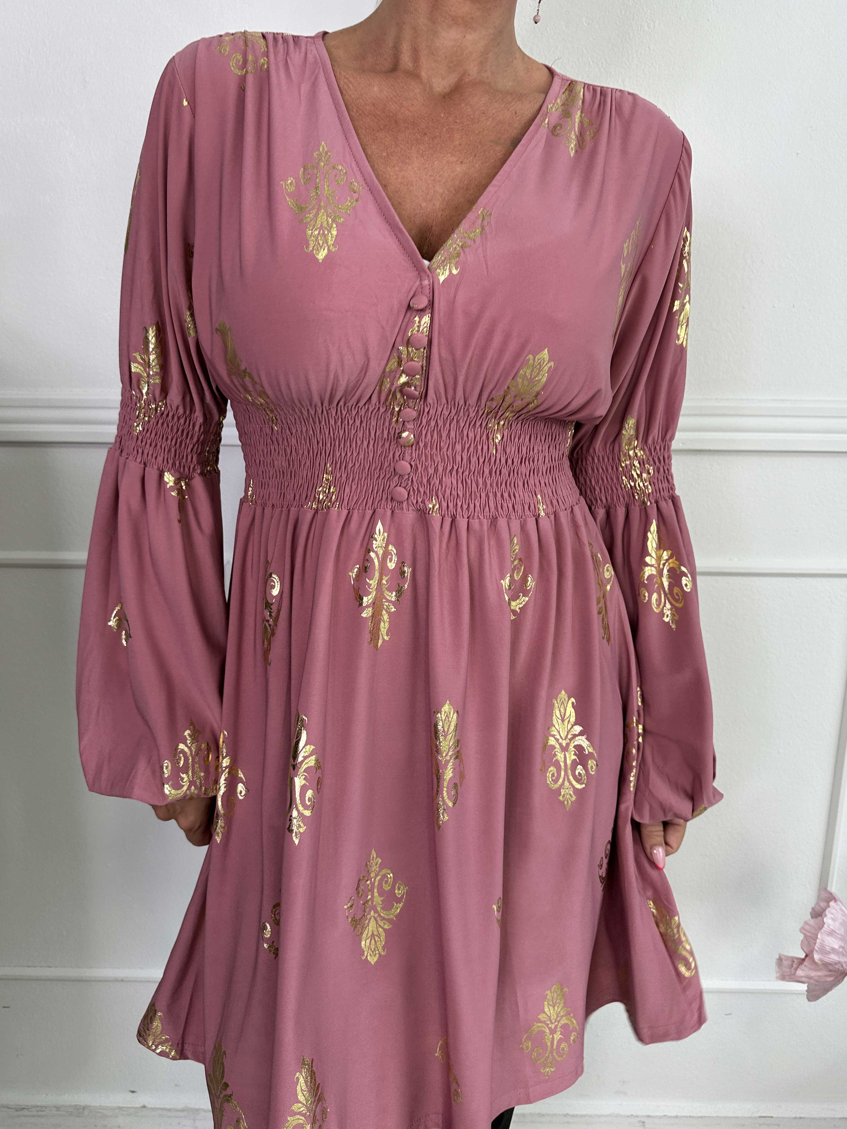 Paige Royal Gold - Elastisk kjole med guldprint og knapper ved brystet