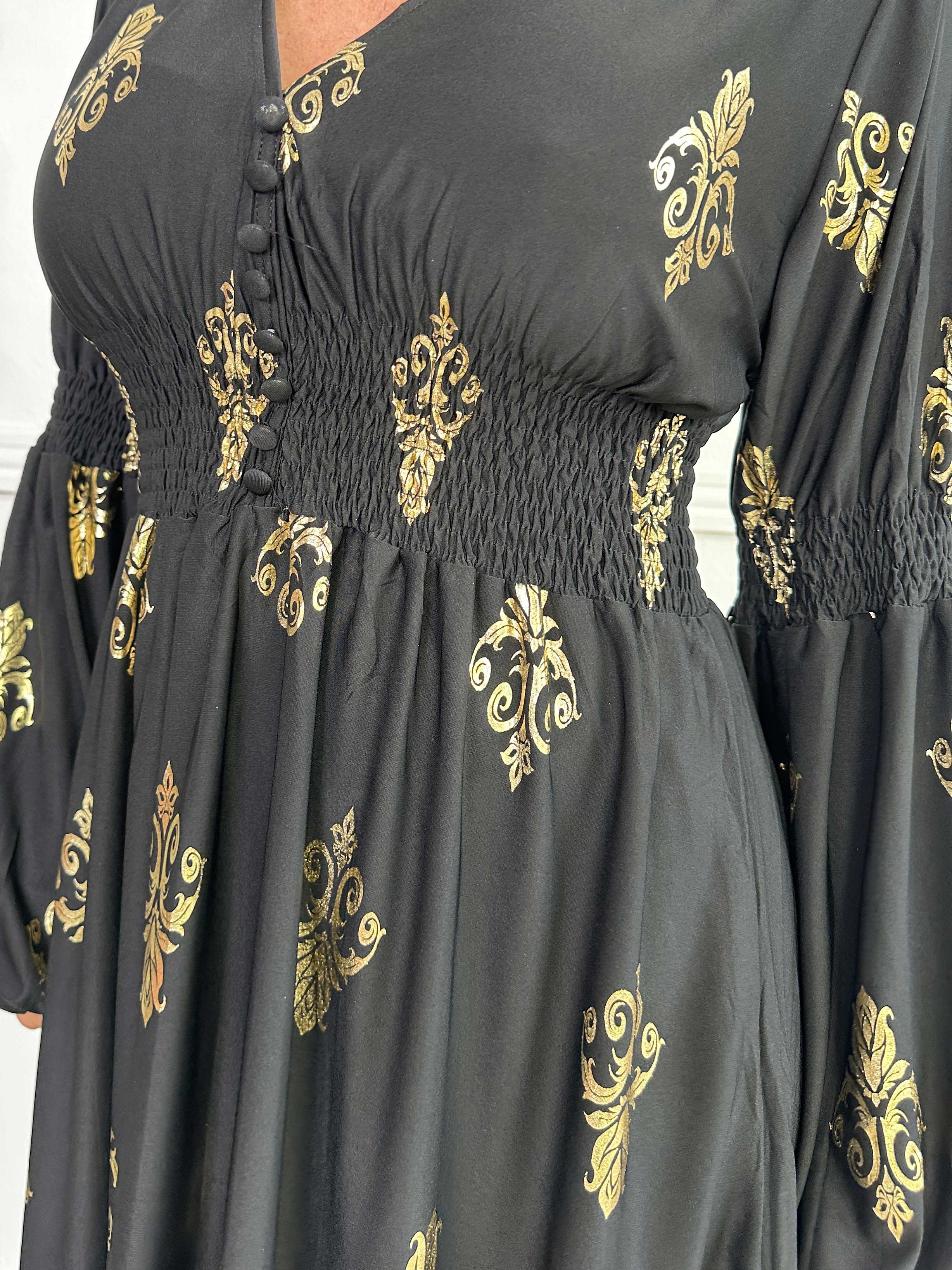 Paige Royal Gold - Elastisk kjole med guldprint og knapper ved brystet