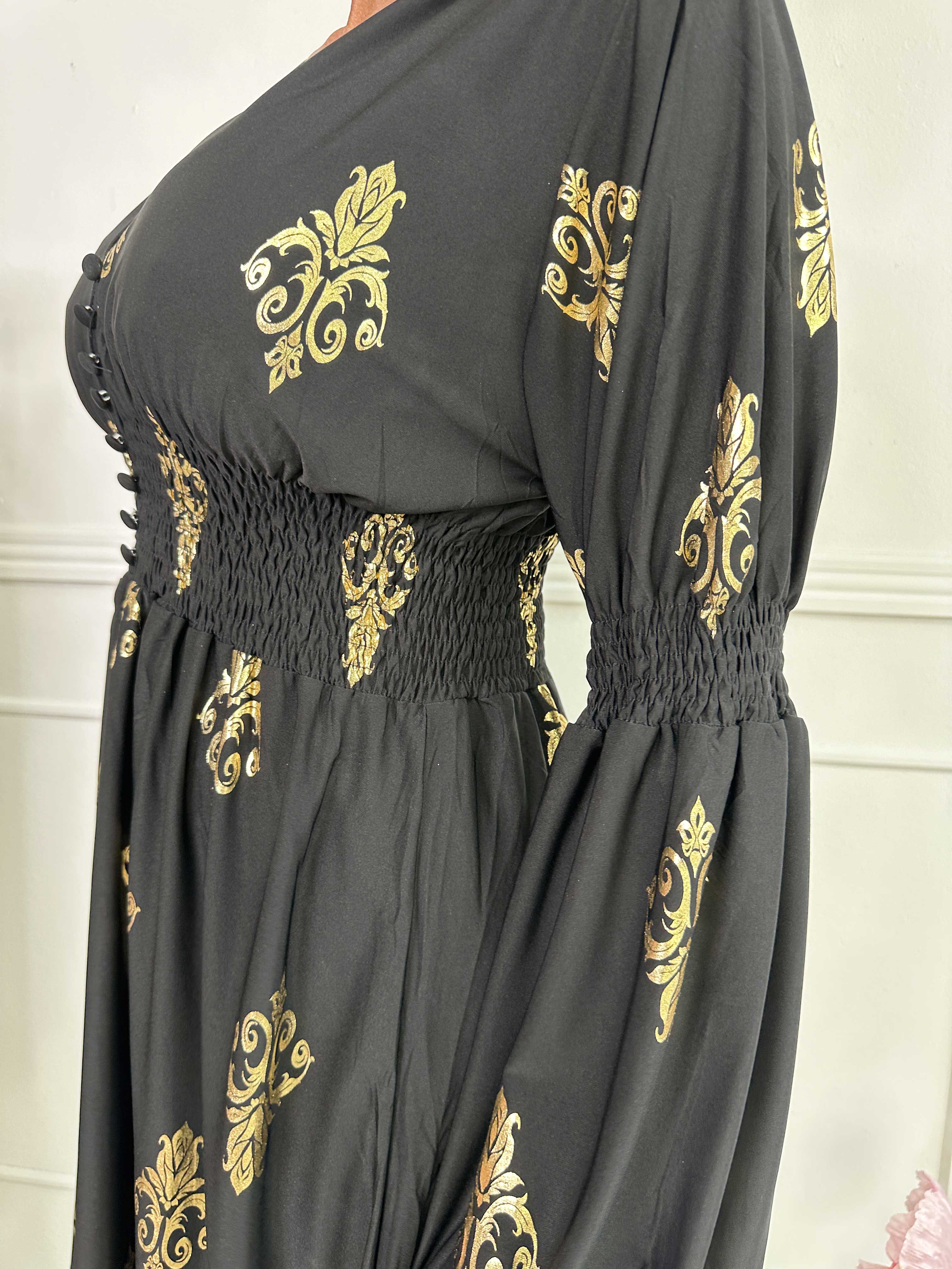 Paige Royal Gold - Elastisk kjole med guldprint og knapper ved brystet