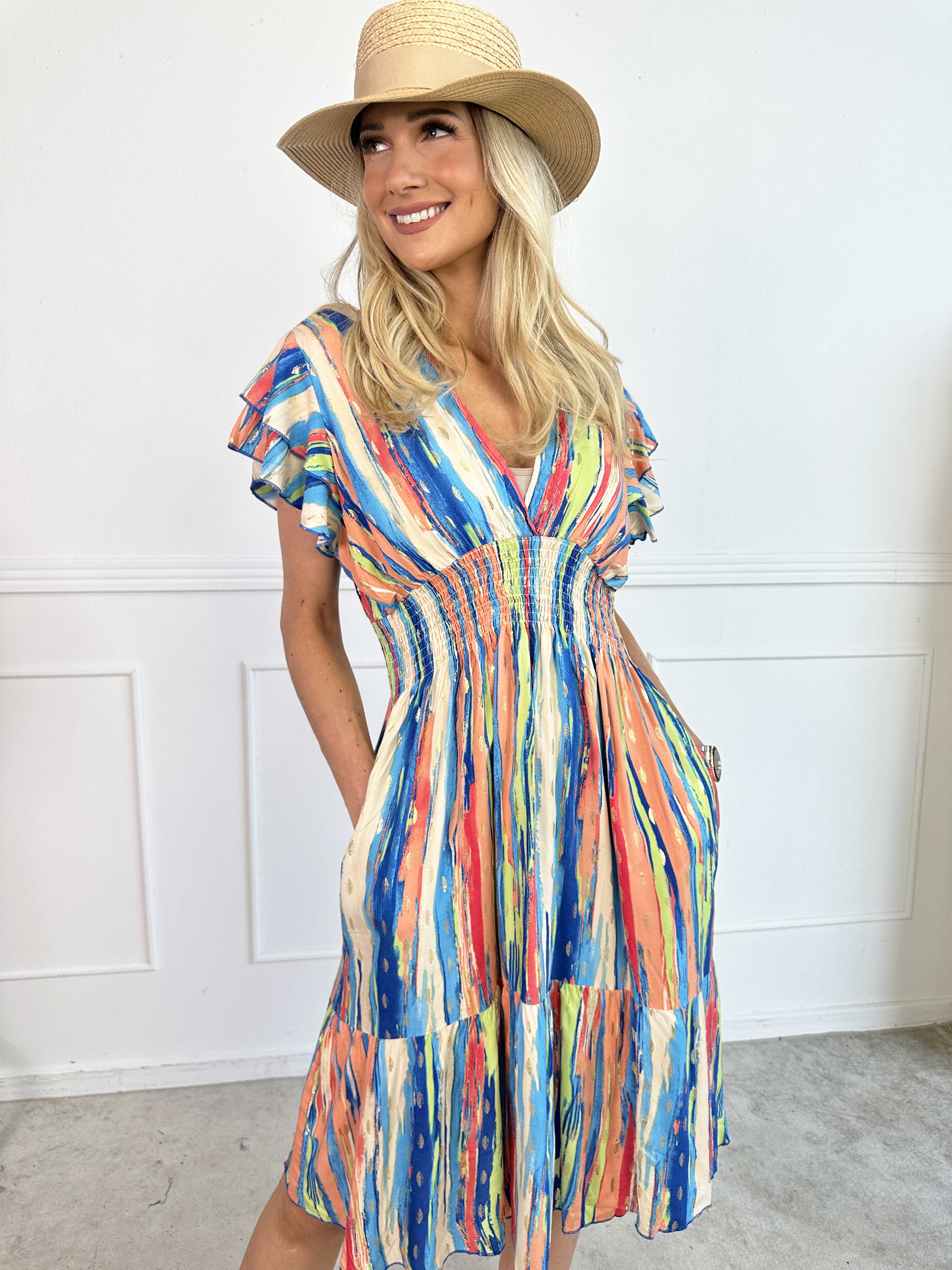 Palina Stripe Short - Sød stribet kjole i viskose med gulddetaljer