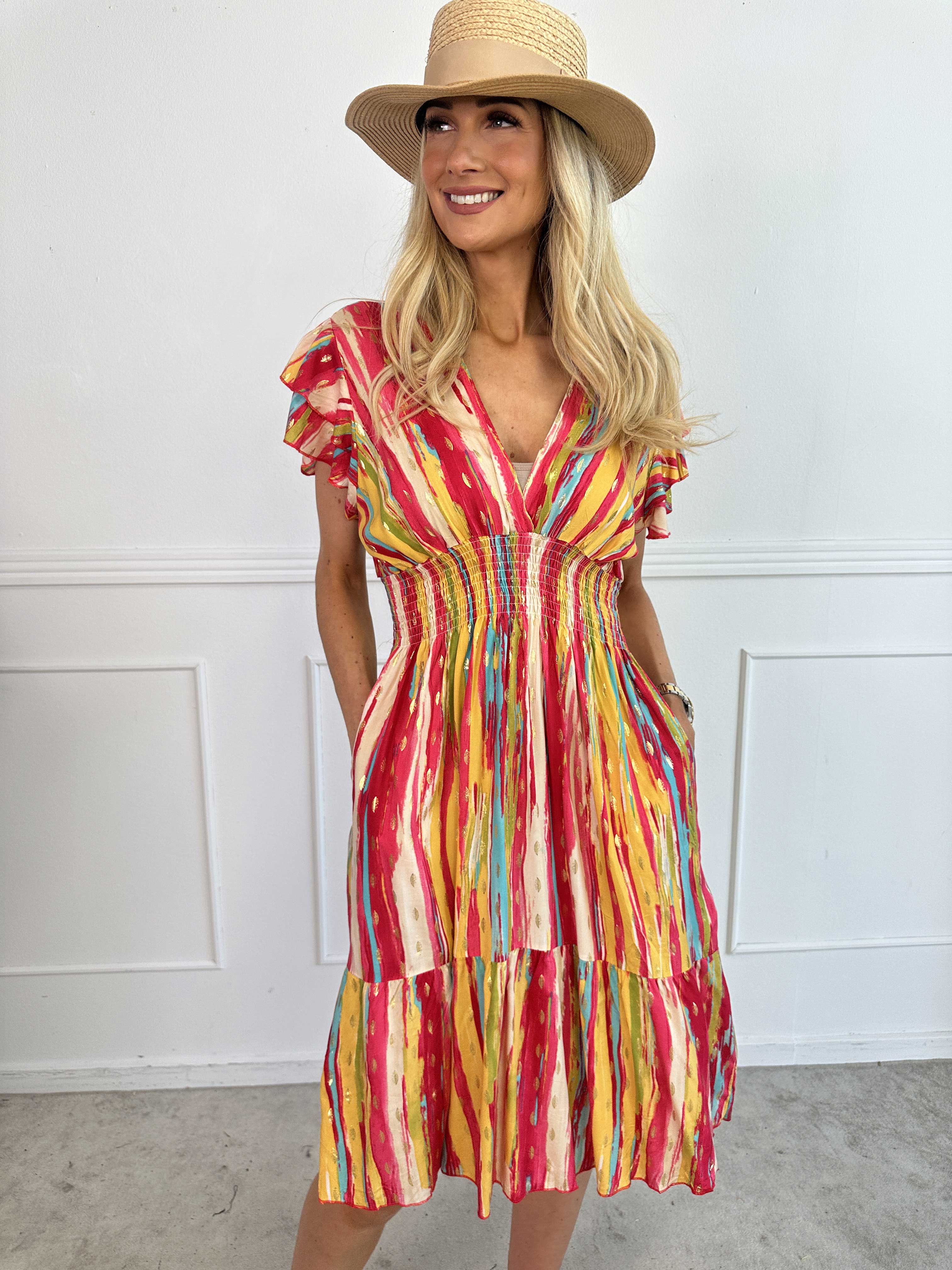 Palina Stripe Short - Sød stribet kjole i viskose med gulddetaljer