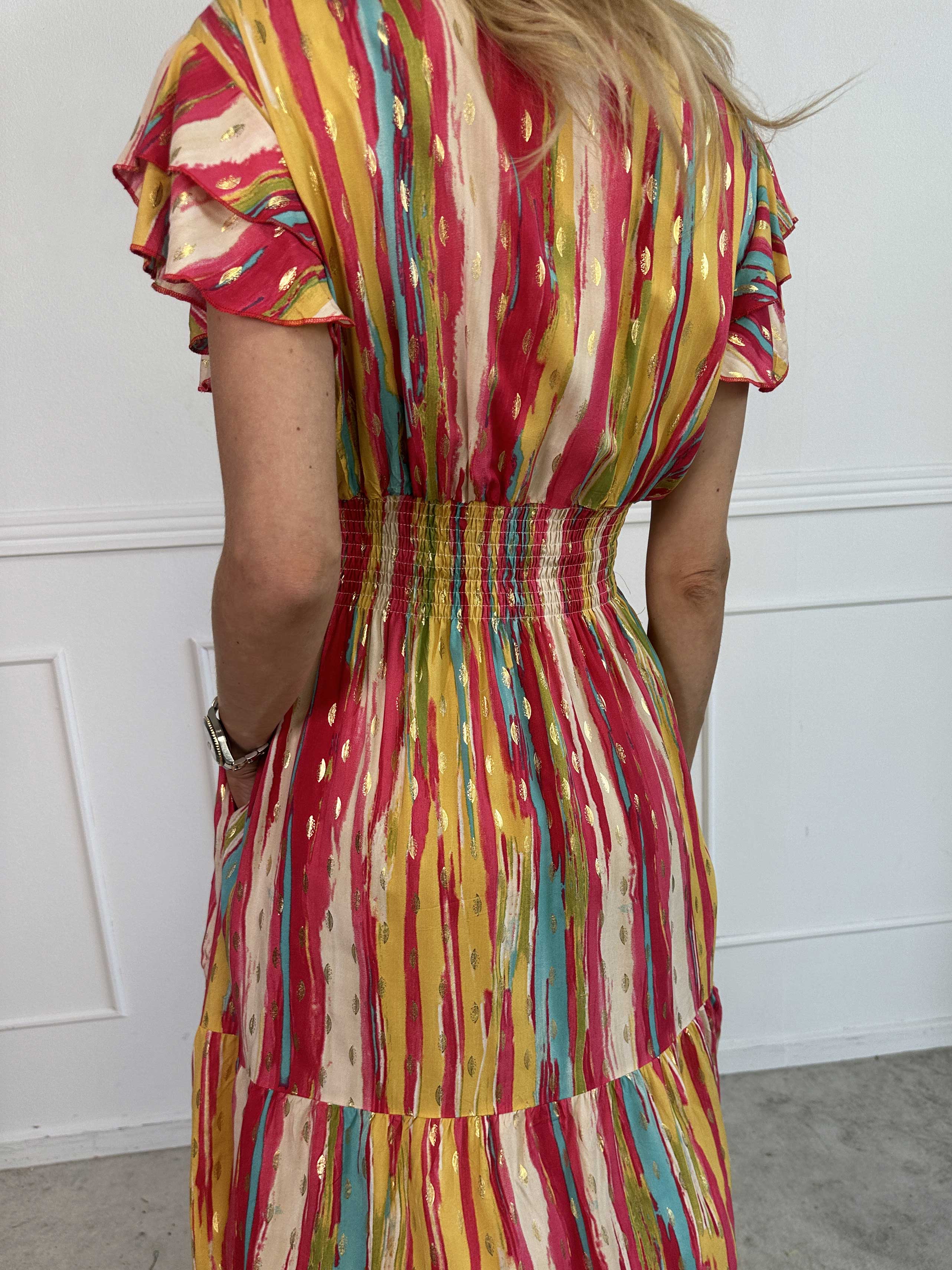 Palina Stripe Short - Sød stribet kjole i viskose med gulddetaljer