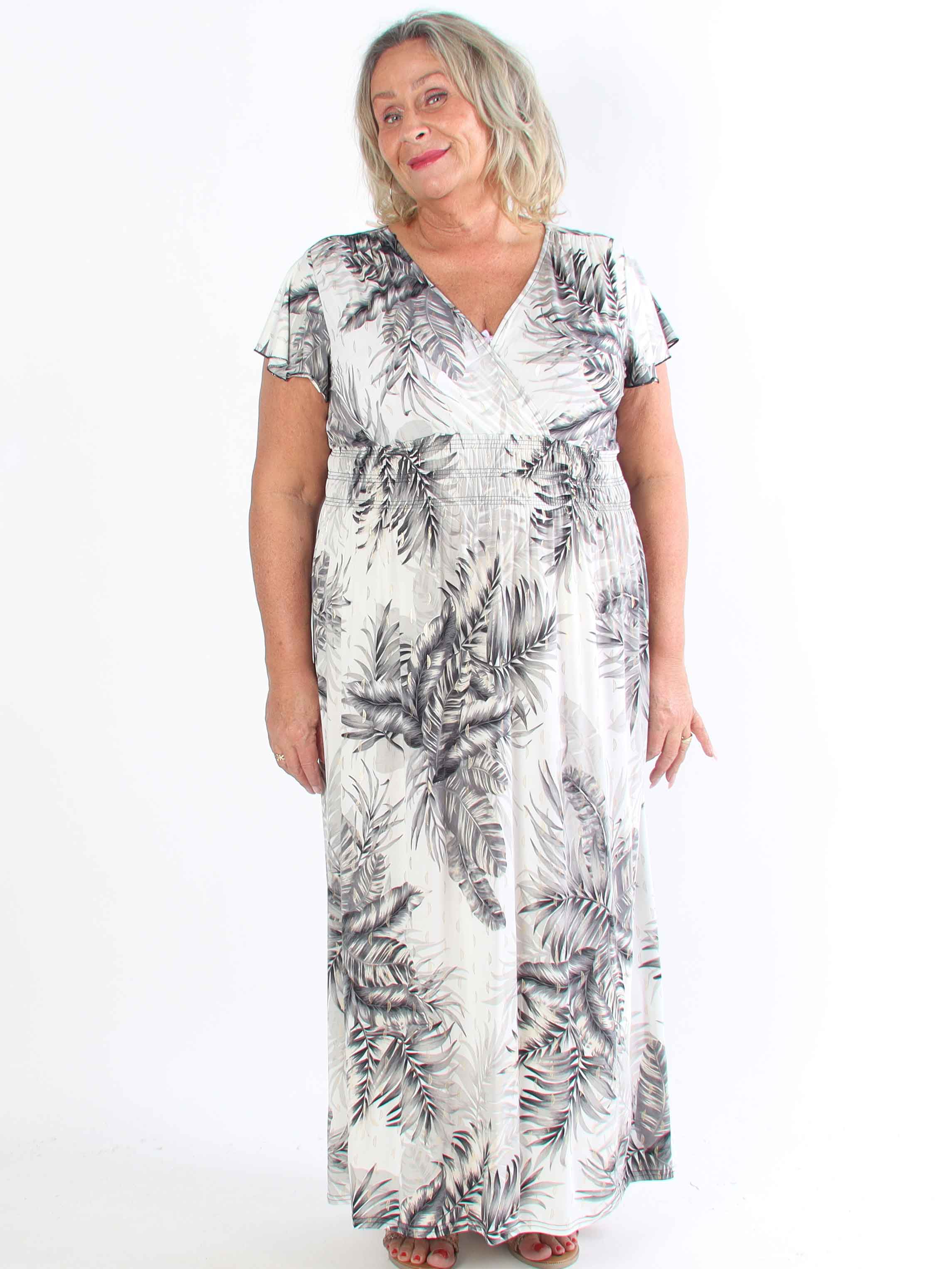 Palma - Plus size elastisk kjole med blade og flæseærmer