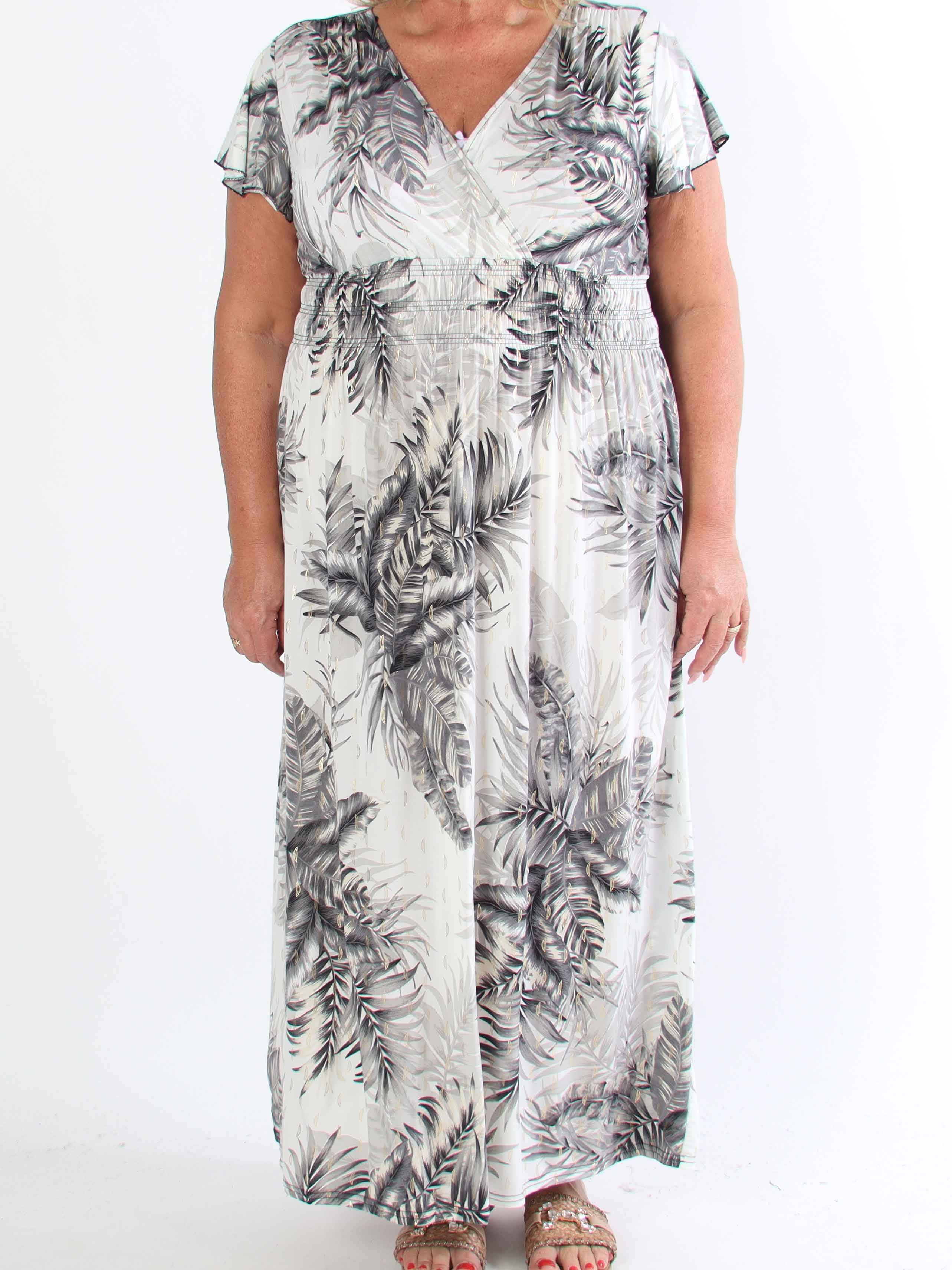 Palma - Plus size elastisk kjole med blade og flæseærmer