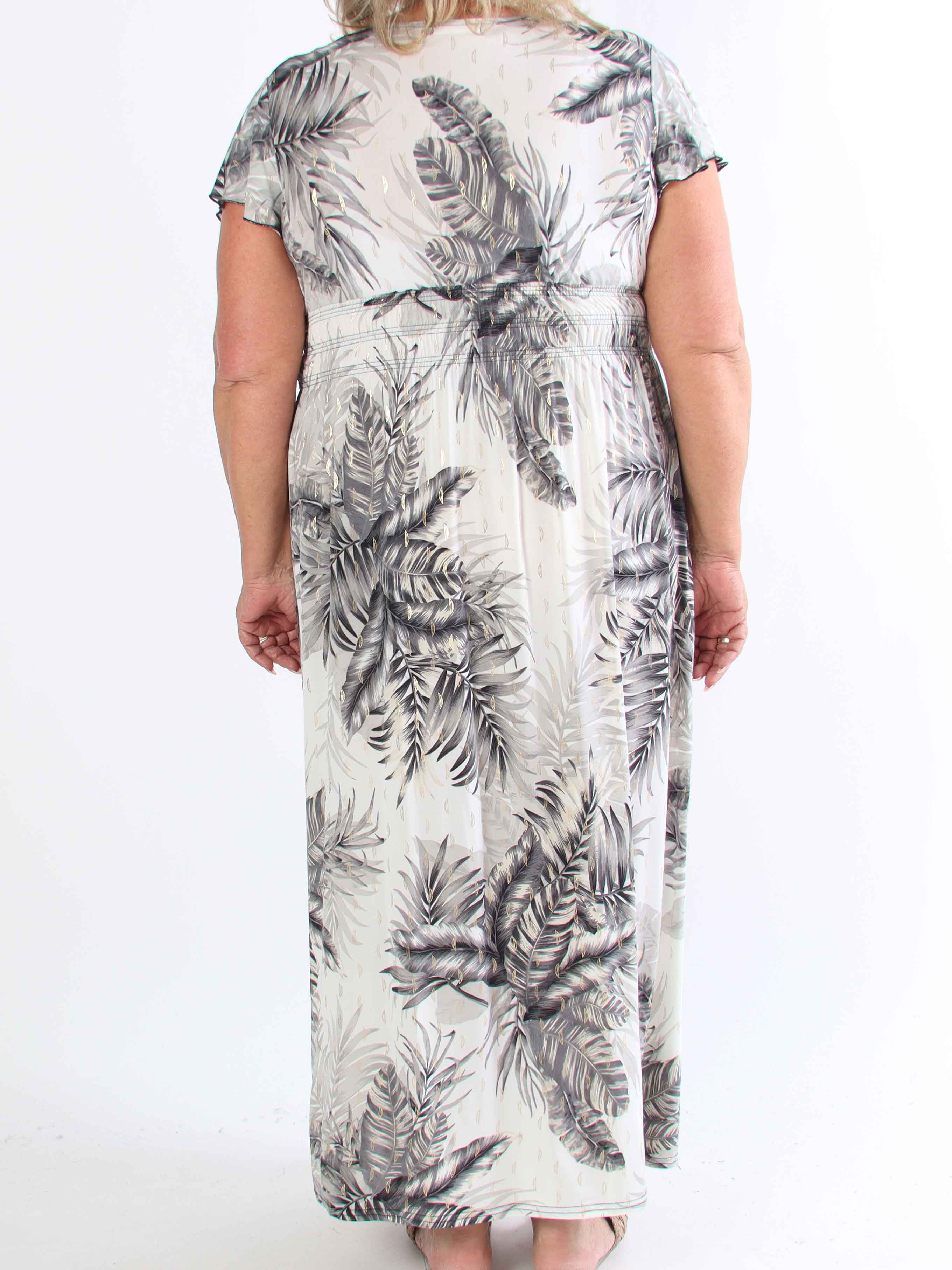 Palma - Plus size elastisk kjole med blade og flæseærmer