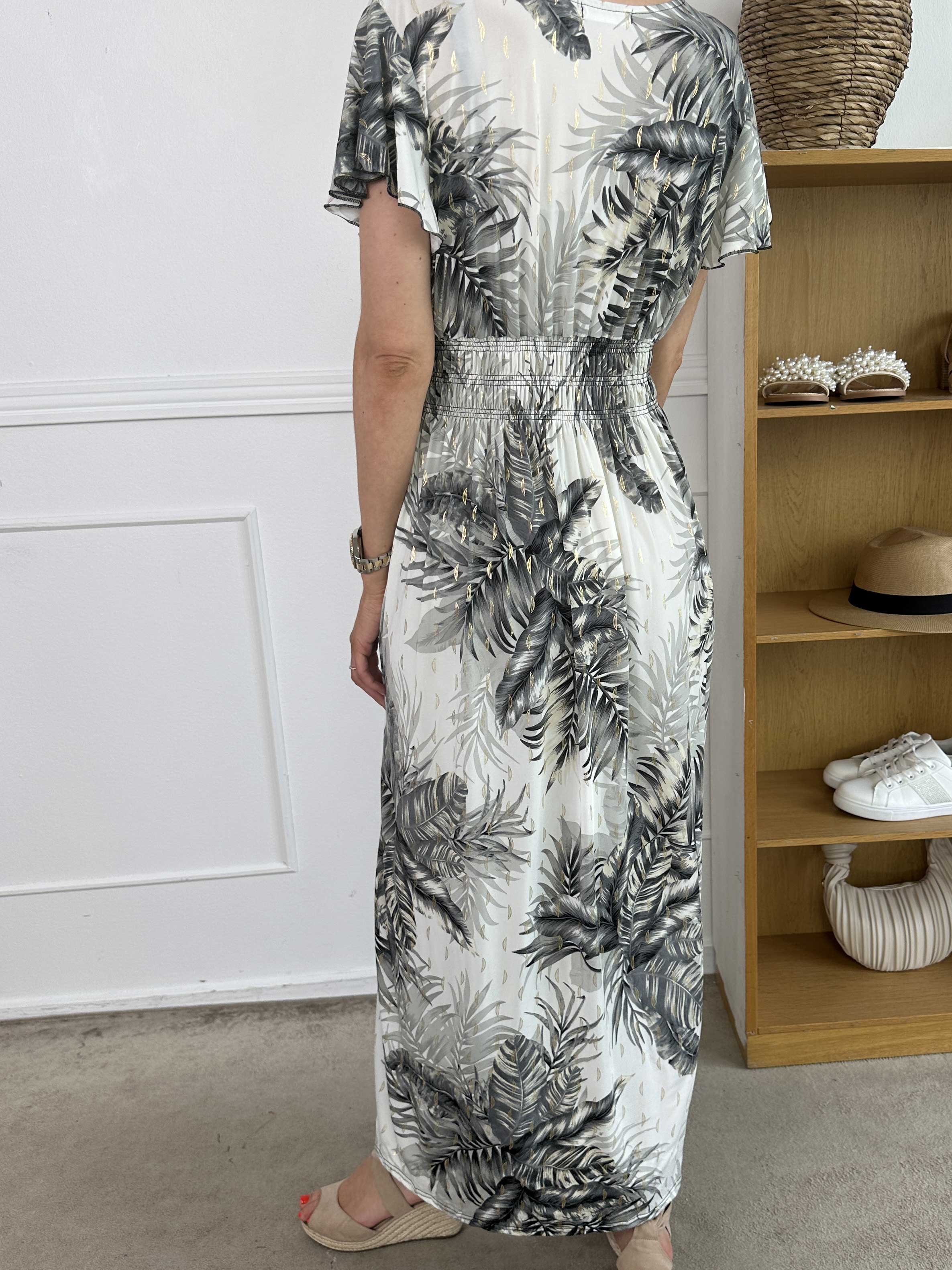 Palma - Lang elastisk kjole med blade og flæseærmer