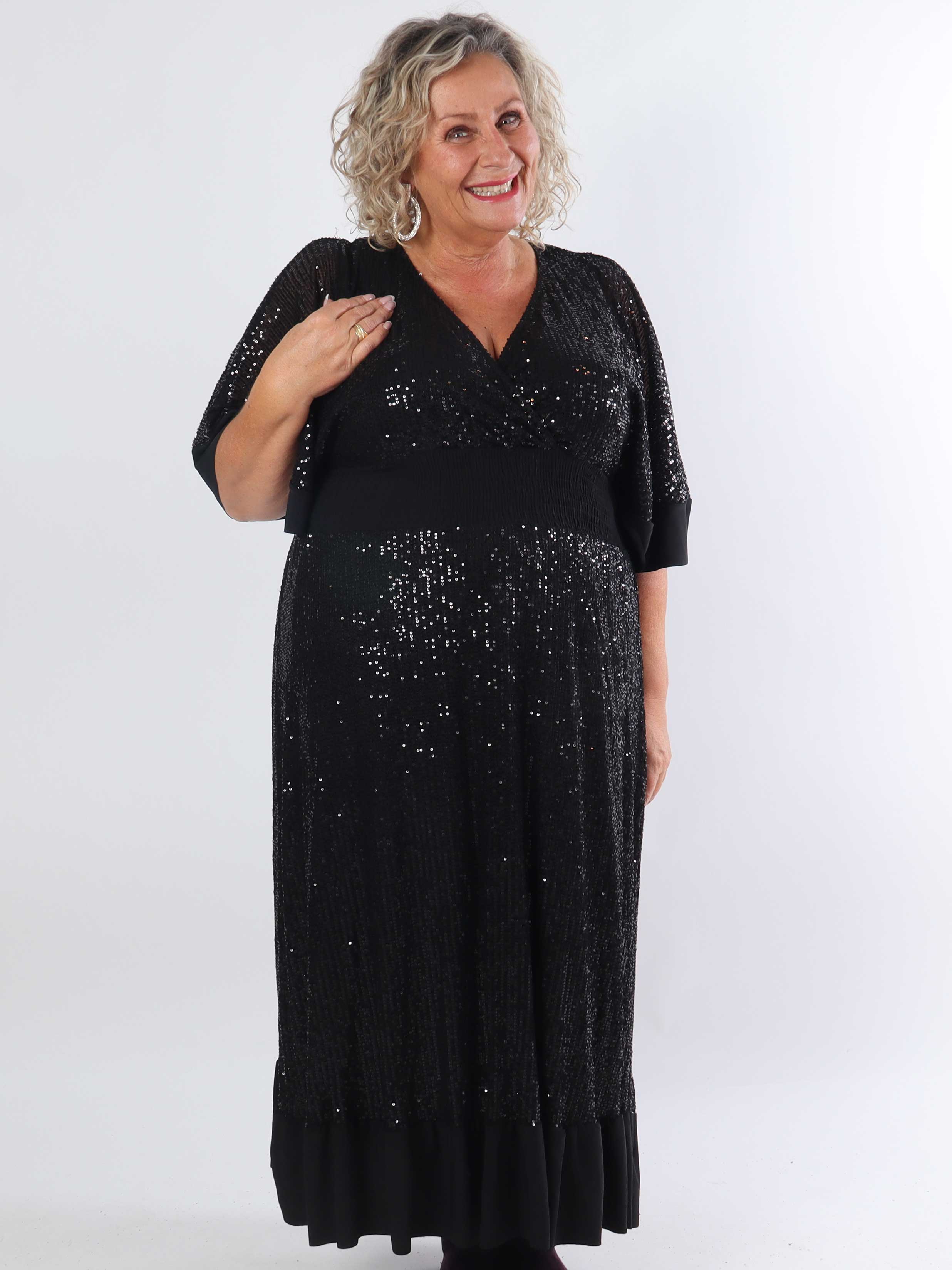 Pamela Glitter - Lang plus size pailletkjole med flæser og smock