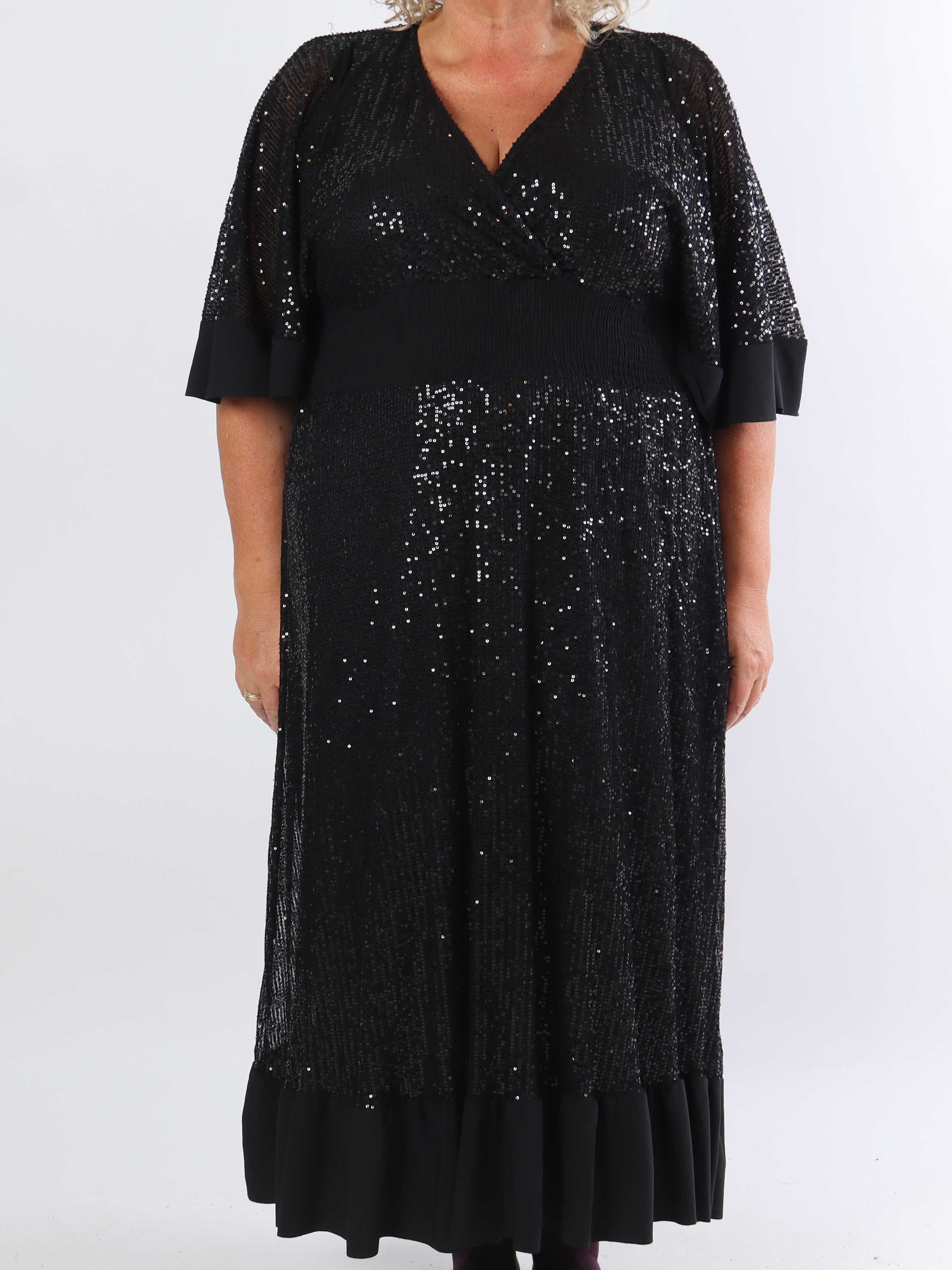 Pamela Glitter - Lang plus size pailletkjole med flæser og smock