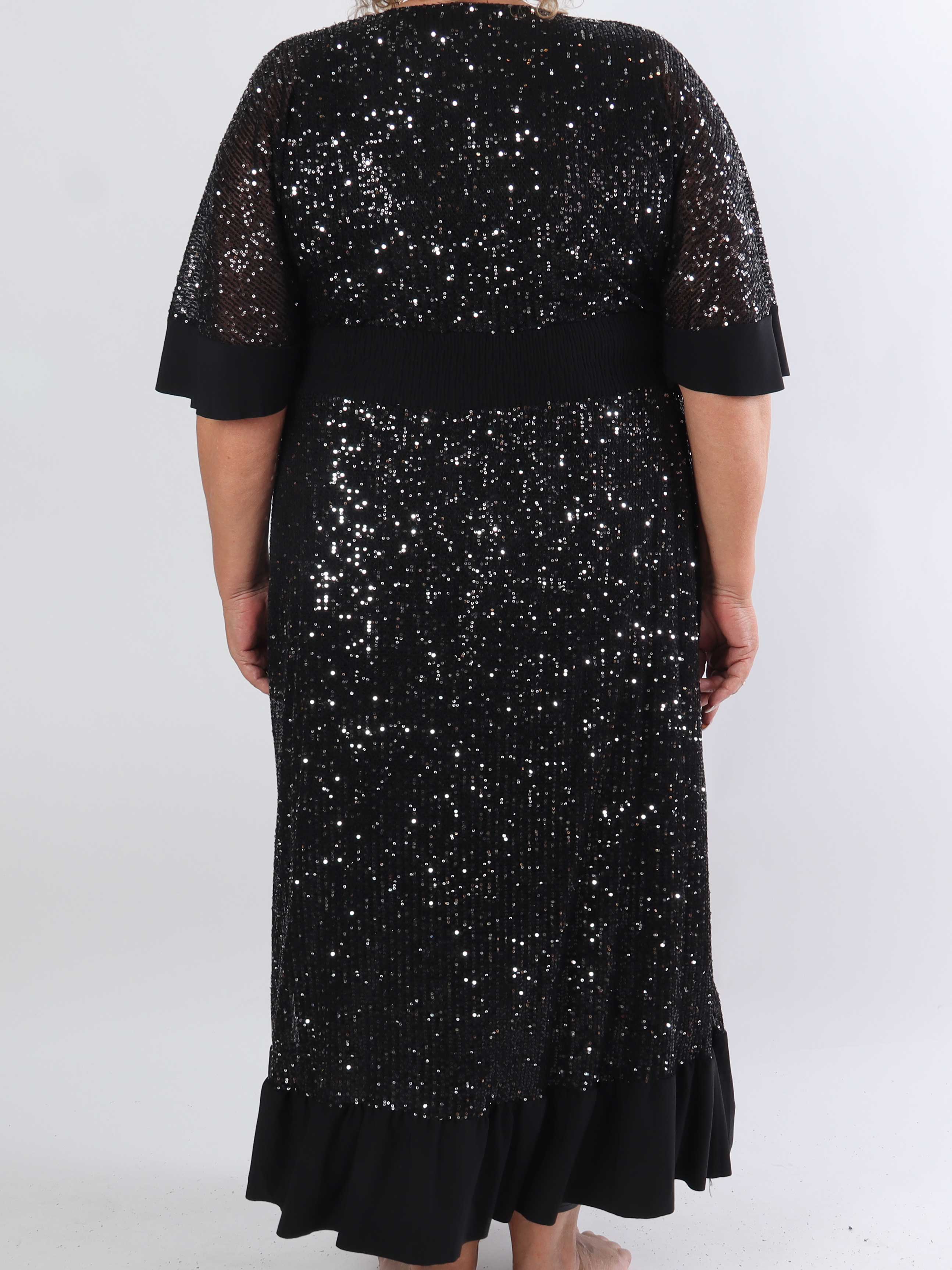 Pamela Glitter - Lang plus size pailletkjole med flæser og smock