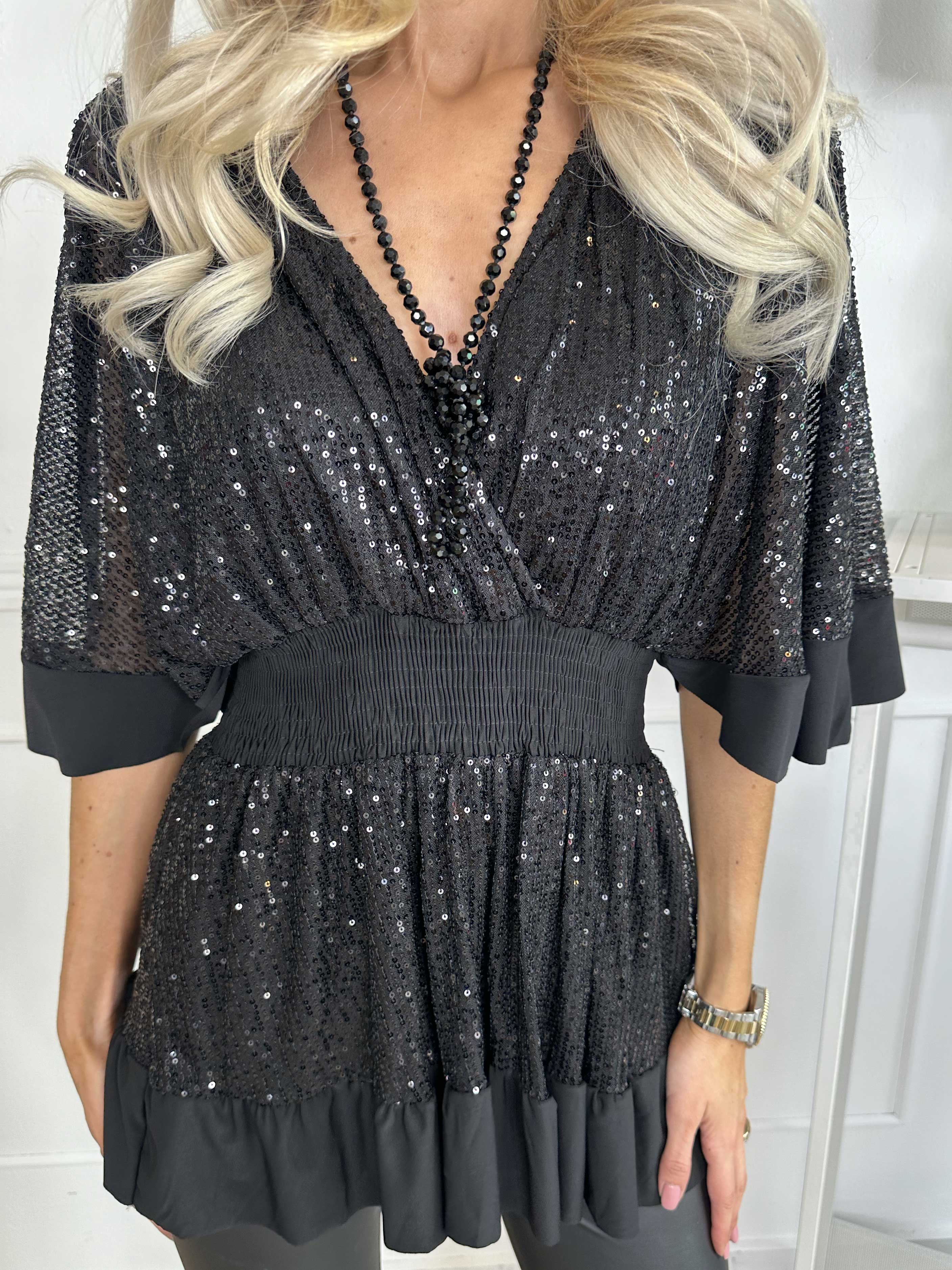 Pamela Glitter Shirt - Paillettunika med smock og flæser