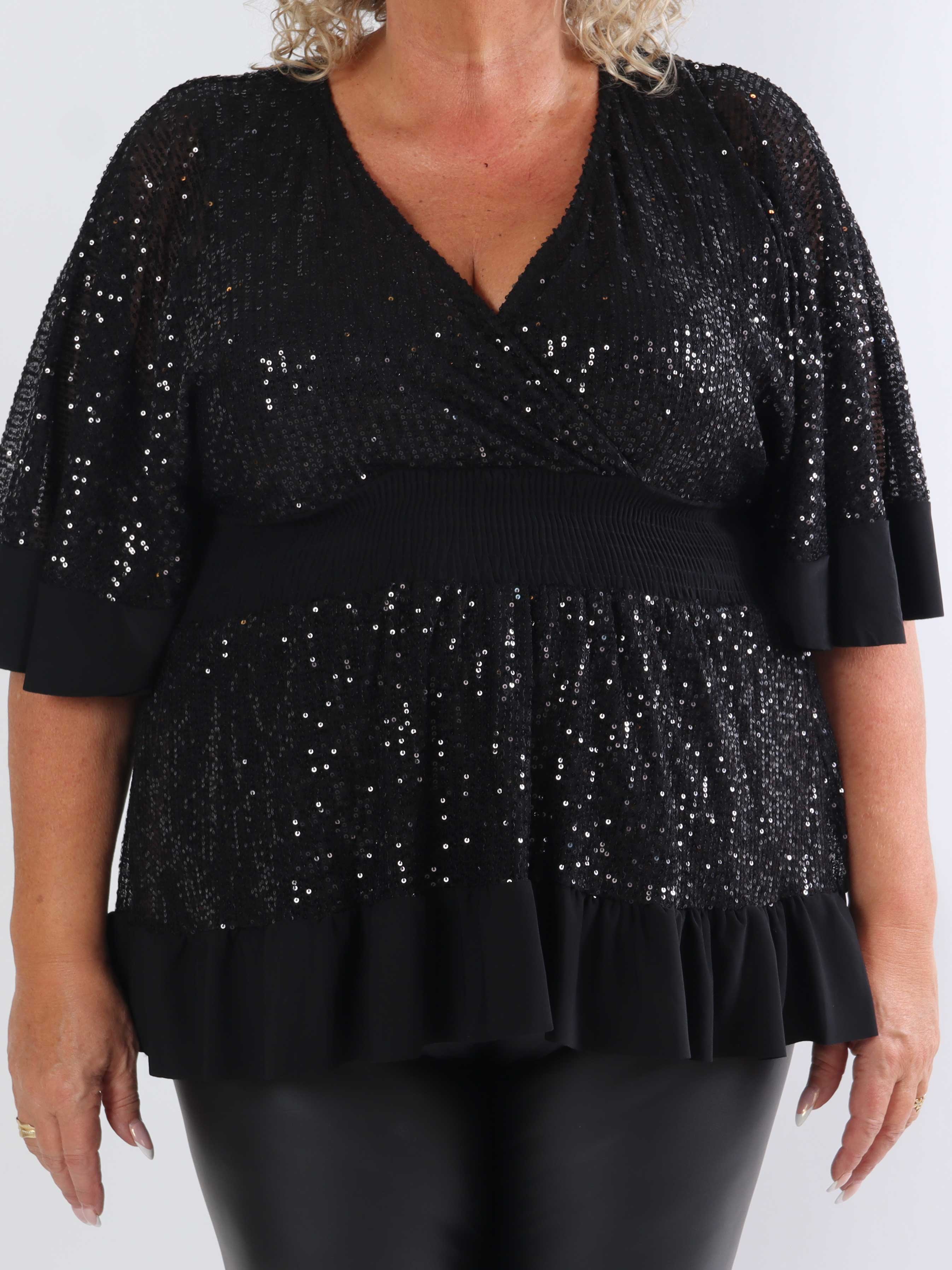 Pamela Glitter Shirt - Plus size paillettunika med smock og flæser