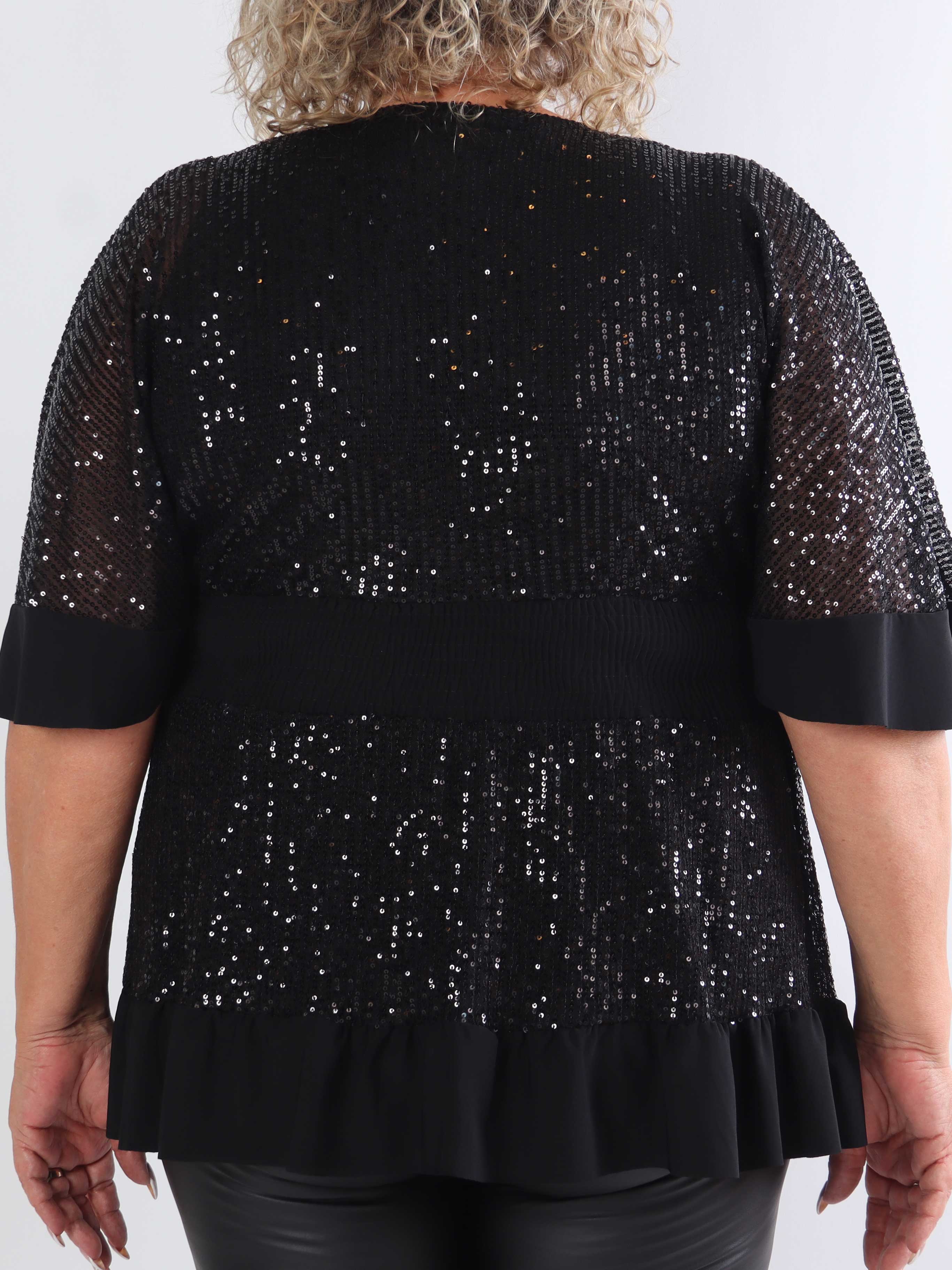 Pamela Glitter Shirt - Plus size paillettunika med smock og flæser