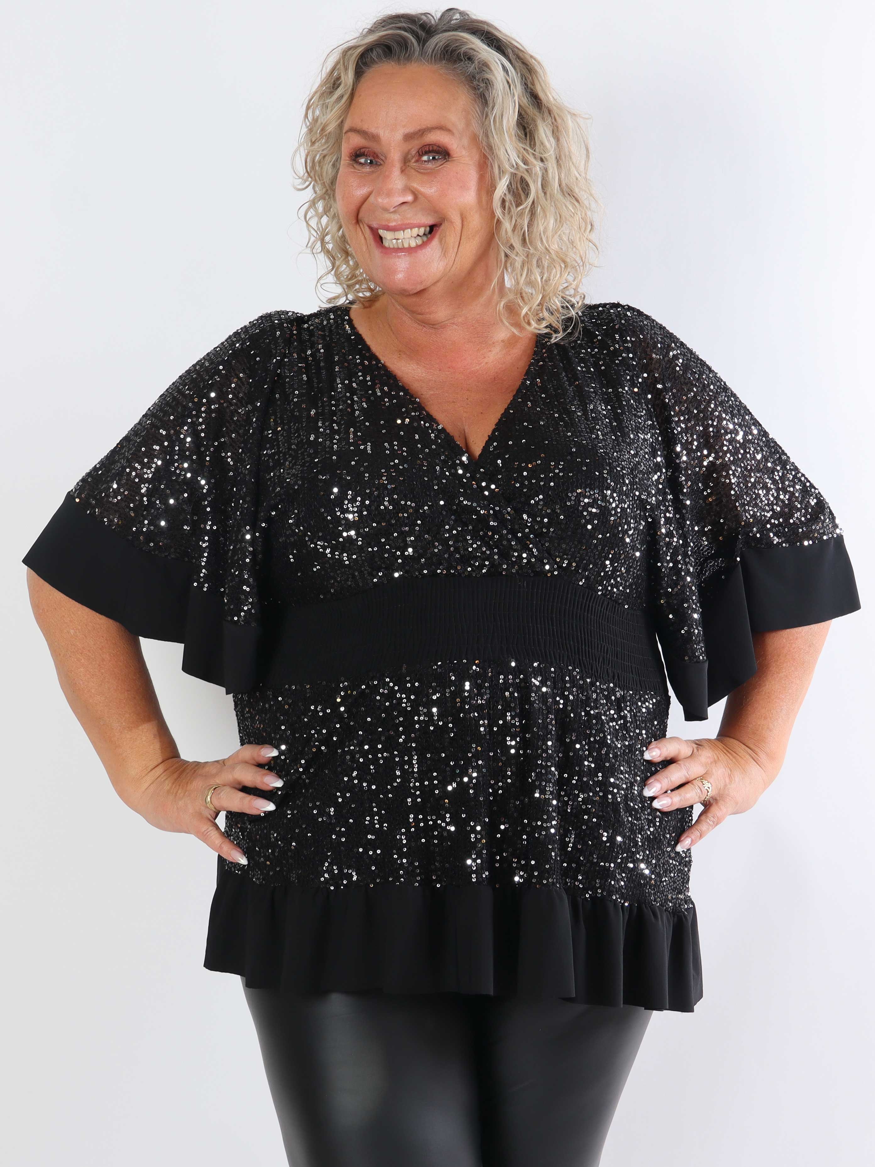 Pamela Glitter Shirt - Plus size paillettunika med smock og flæser