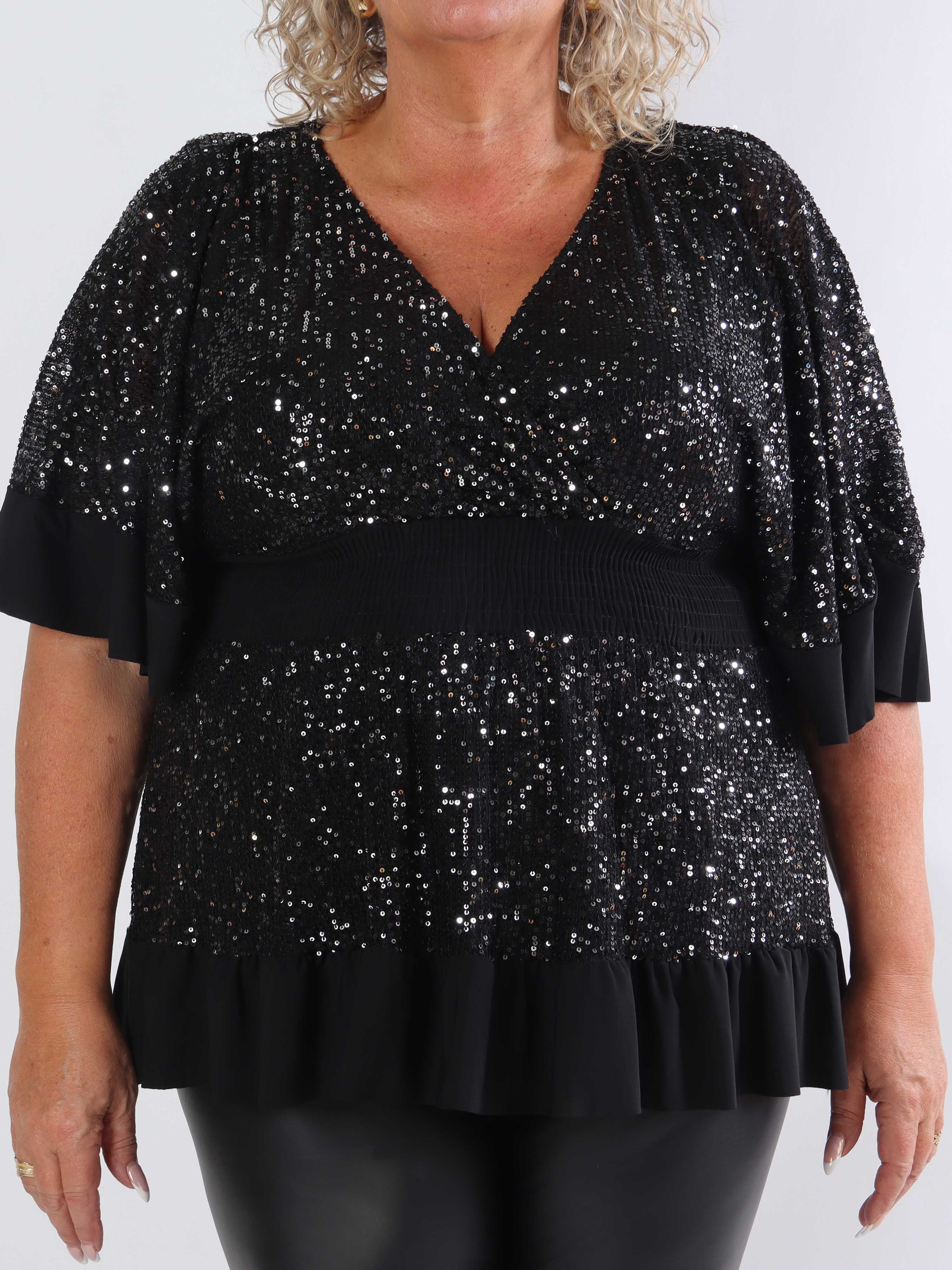Pamela Glitter Shirt - Plus size paillettunika med smock og flæser