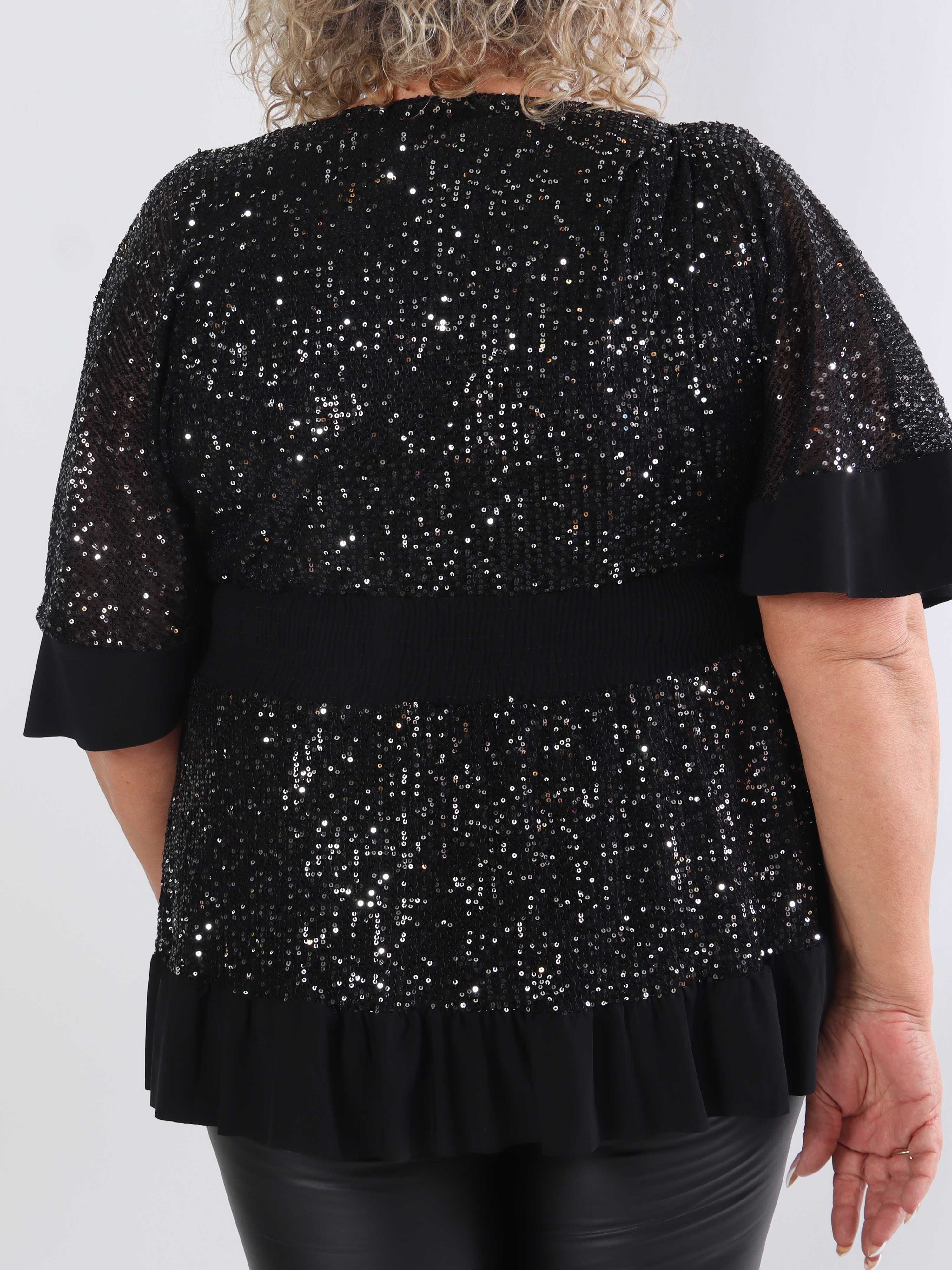 Pamela Glitter Shirt - Plus size paillettunika med smock og flæser